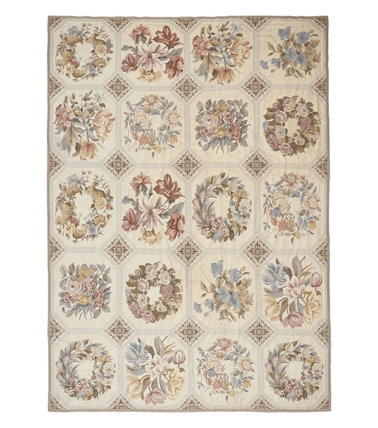 Vintage Needlepoint Rug 8x11, Floral Panel Design, Flatweave Handmade Needlepoint Carpet 8 x 11, Room Size Wool Needlepoint Rug, Cream Color