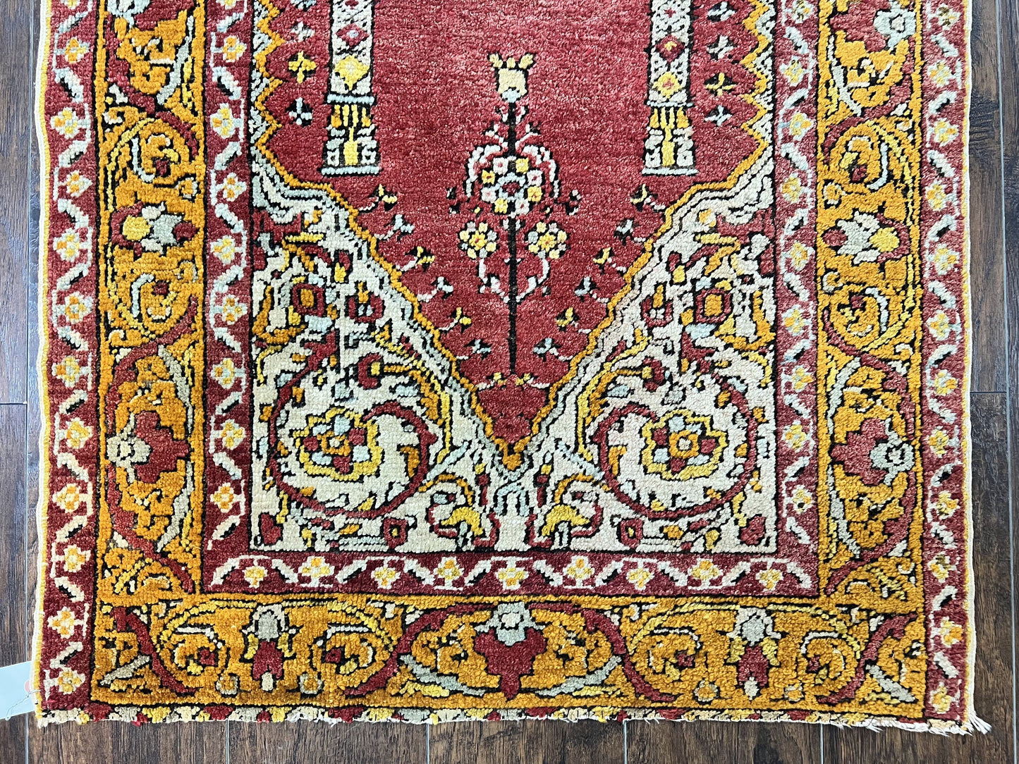 Antique Turkish Prayer Rug 3x5, Hand Knotted Turkish Melas Oushak Wool Carpet, Mehrab Rug, Orange & Red Vintage Rug 3 x 5 Collectible