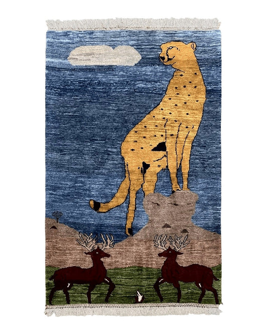 3 x 5 Handmade New Vintage Wool Blue Rug Leopard Lion Jaguar Deer Organic Dyes