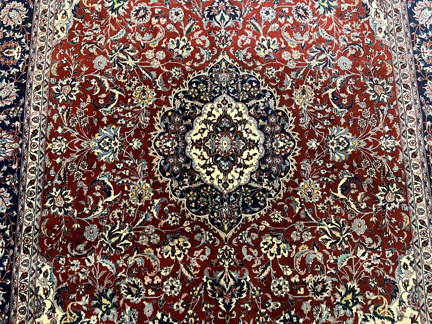 Fine Sino Persian Rug 7x10 ft, Floral Central Medallion Oriental Carpet, Red Navy Blue Cream, Hand Knotted Wool Traditional Vintage Rug