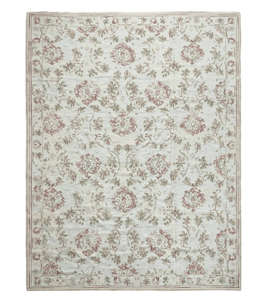 9x12 Flatweave Aubusson Needlepoint Rug, New, Beige, Tan, Green, Handmade, Hand-Knotted Area Rug, French European Carpet, Flowers
