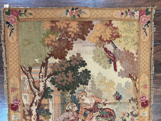 Antique Tapestry 3x4, European French Tapestry, Hand Loomed Victorian Tapestry, Vintage Wool Tapestry 3 x 4 ft