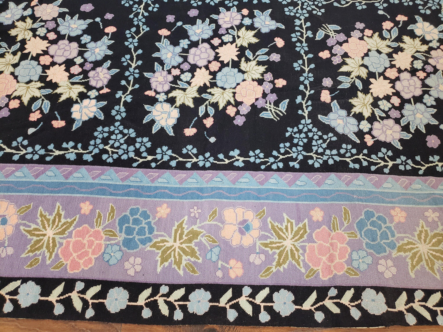 Chinese Needlepoint Rug 8 x 11.4, Hand-Woven Area Carpet, Flatweave Rug, Black Blue Light Violet Floral Garden European Design Wool Aubusson