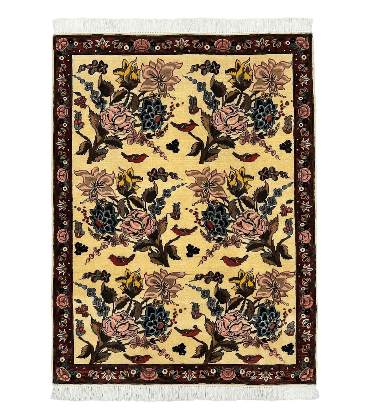Persian Bidjar Rug 3.6 x 5 ft, Repeated Floral Motifs, Roses and Birds, Cream Burgundy, Fine Wool Oriental Bijar Carpet, Vintage Traditional Area Rug