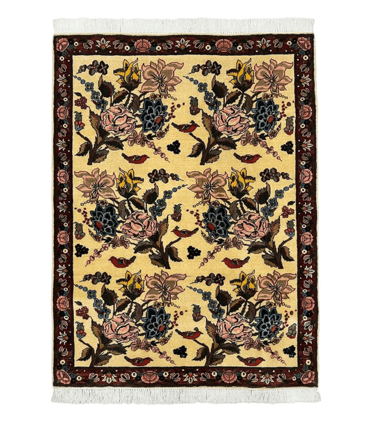Persian Bidjar Rug 3.6 x 5 ft, Repeated Floral Motifs, Roses and Birds, Cream Burgundy, Fine Wool Oriental Bijar Carpet, Vintage Traditional Area Rug