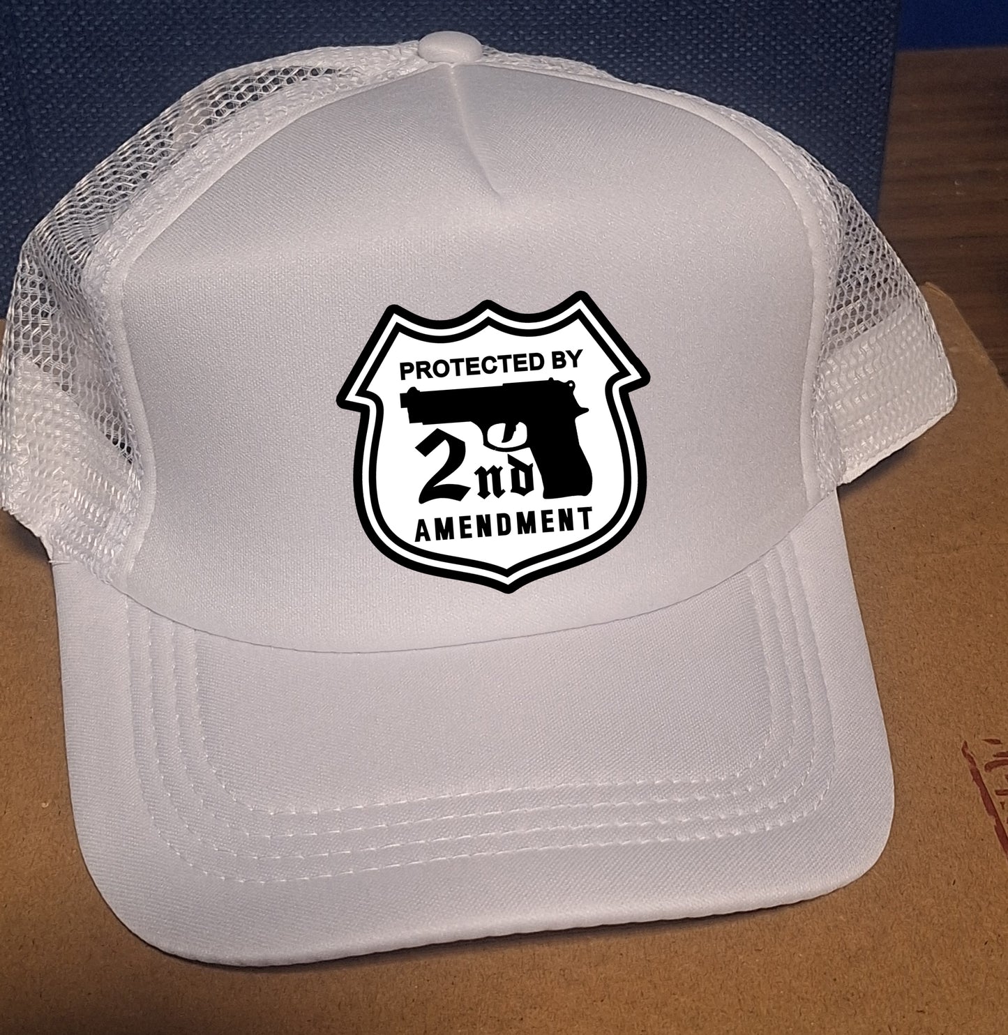 Adjustable Trucker Baseball Cap with Bold Second Amendment Protection Design