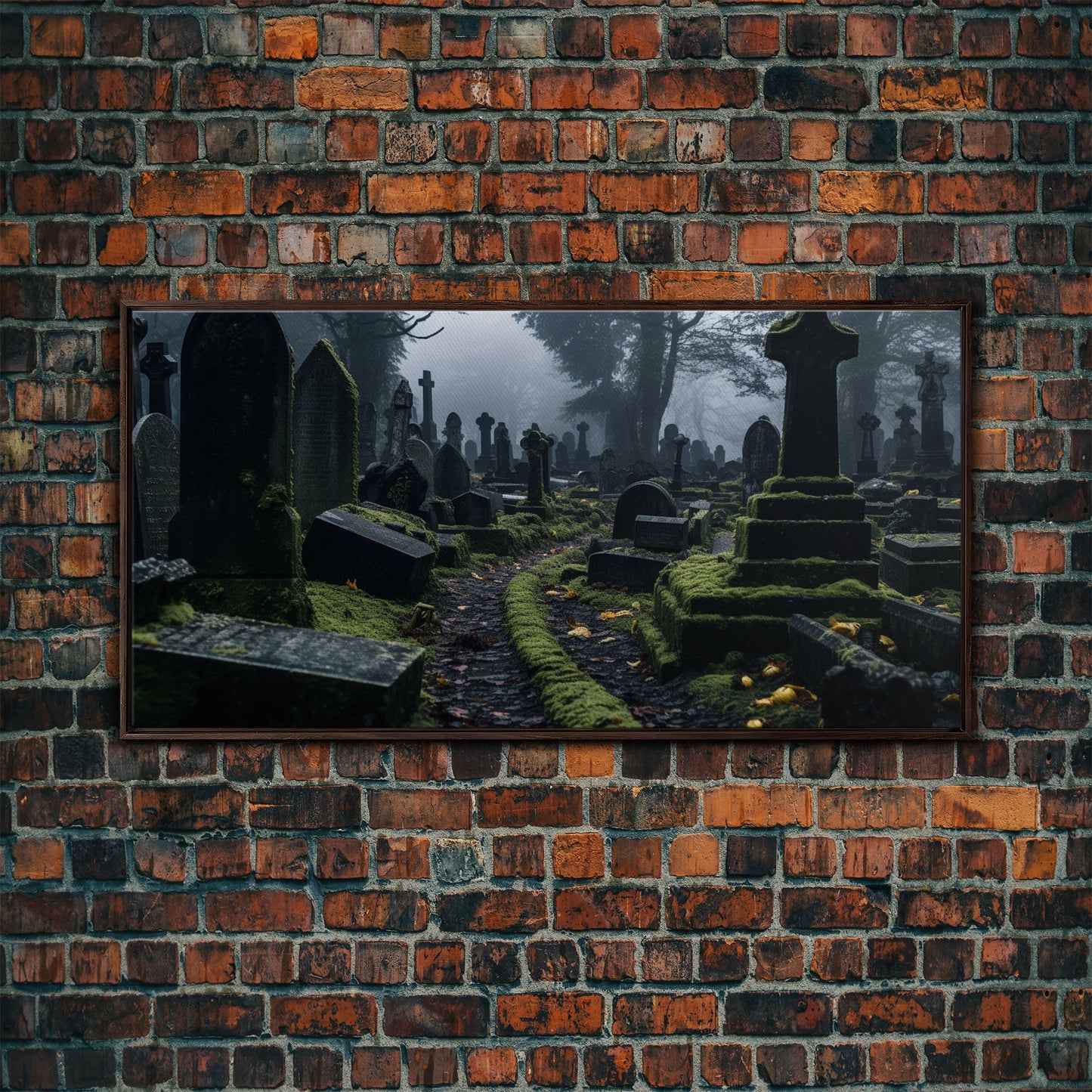 Moss Covered Cemetary, Haunted Graveyard Photography, Halloween Decor, Framed Canvas Print, Halloween Wall Art