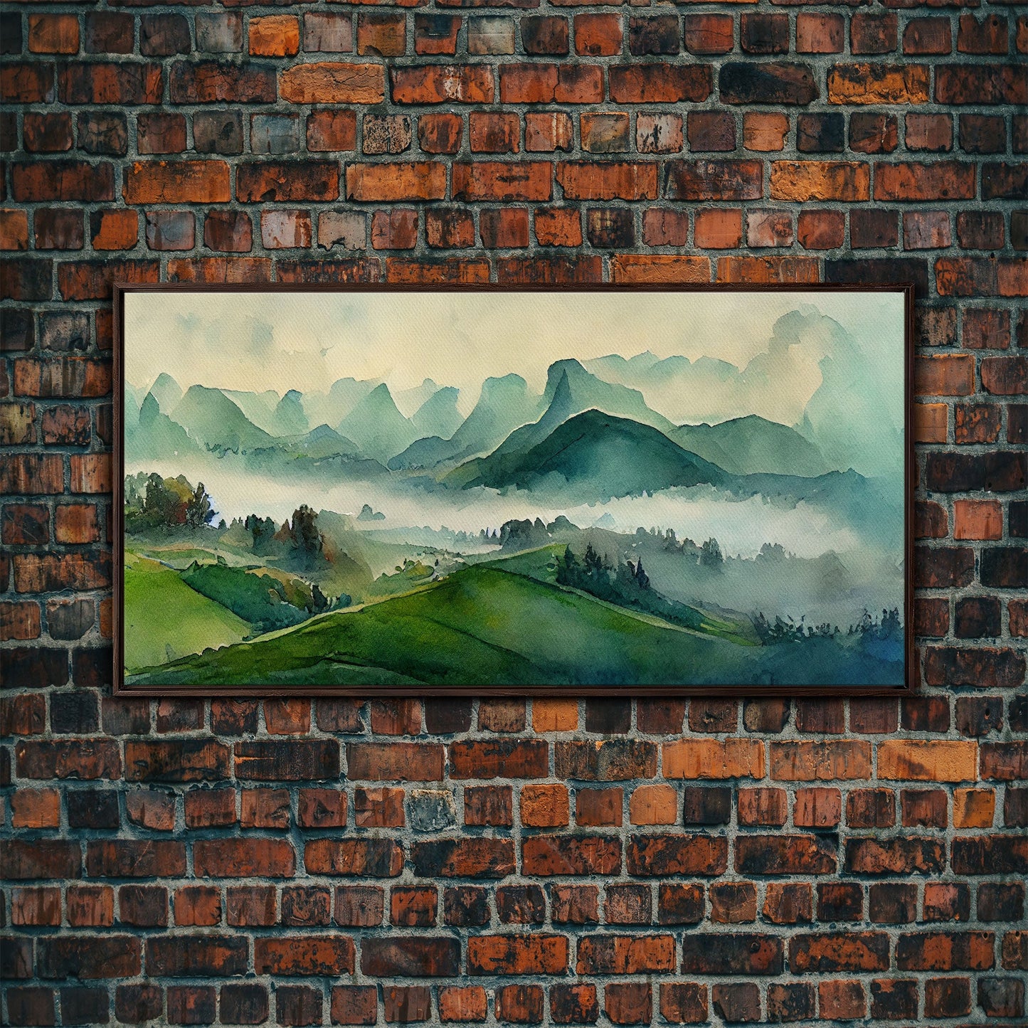 Green Blue Foggy Mountain Valley Watercolor Canvas Art Print, Panoramic Misty Rolling Hills Landscape, Extra Large Panorama Print