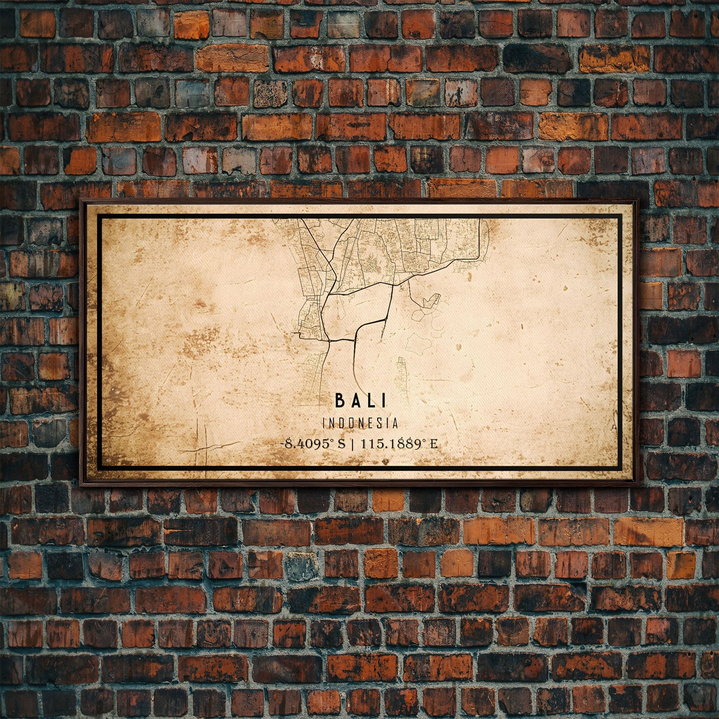 Vintage Bali Indonesia City Map Wall Art Canvas Print, Distressed Style Bali Map, Framed Wall Art, Cool Bali Travel Wall Art, Office Art