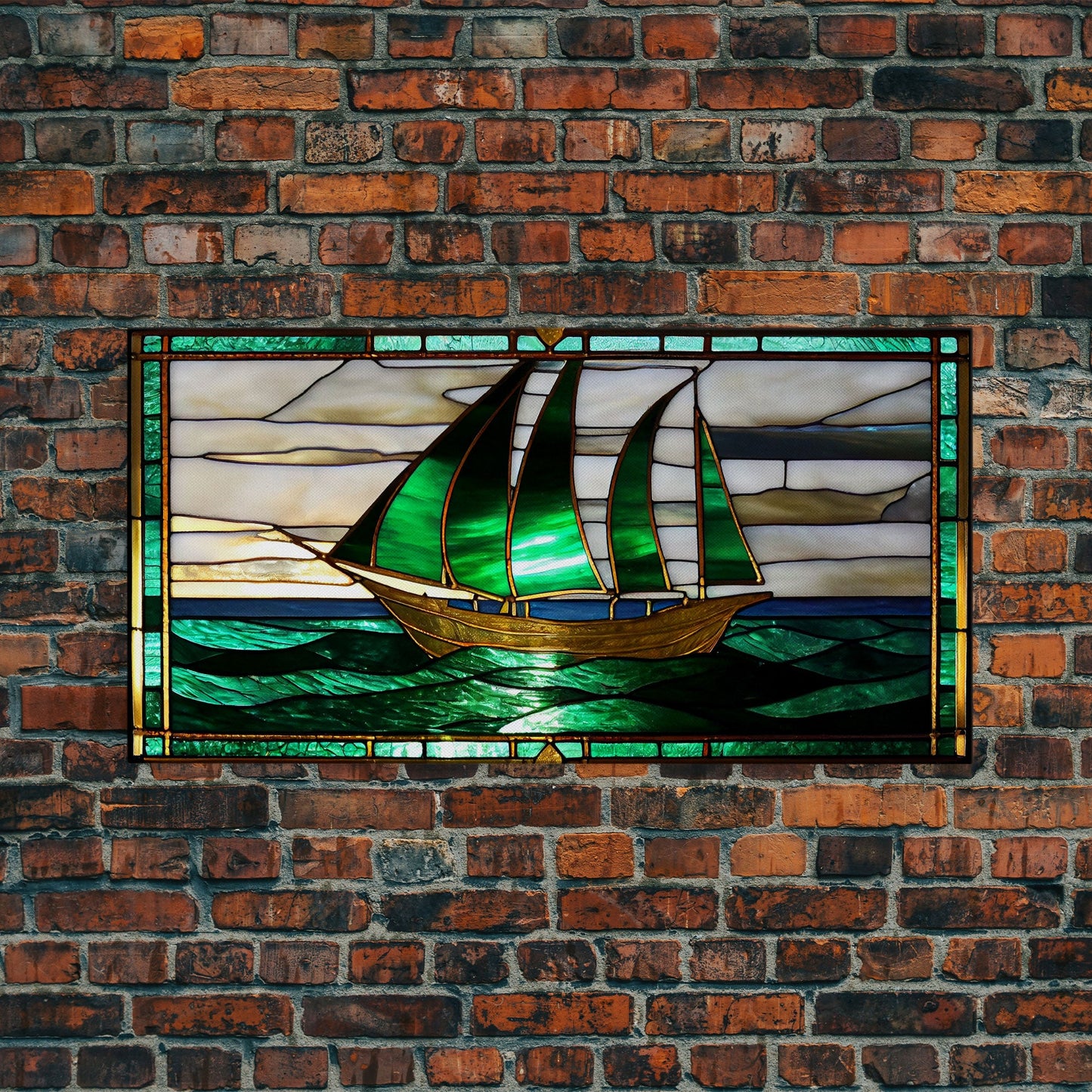 Emerald Green and Gold Art Deco Sail Boat, Framed Canvas Print, Retro MCM Style Wall Art, Midcentury Modern, Vintage Style, Stained Glass