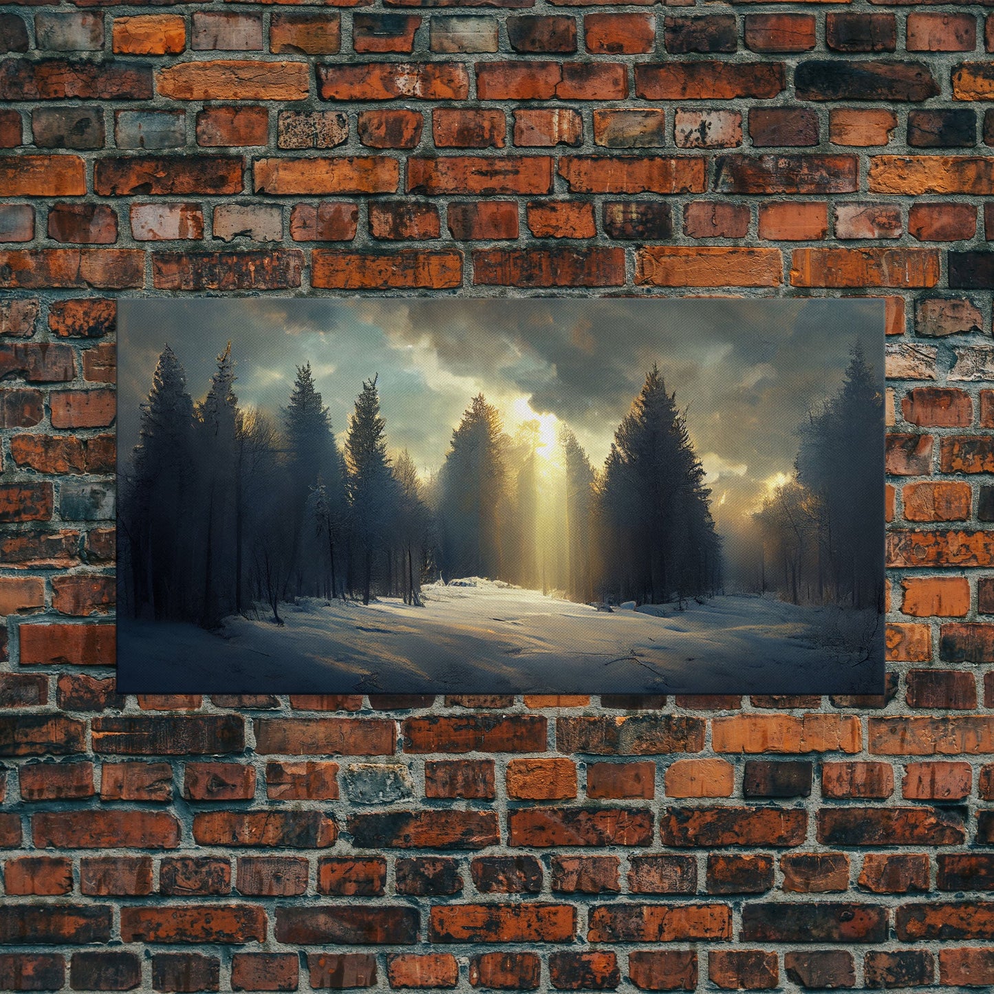 Snowy Forest Canvas Print, Scenic nature landscape, winter art, sunlight shining through the trees, Framed Wall Art
