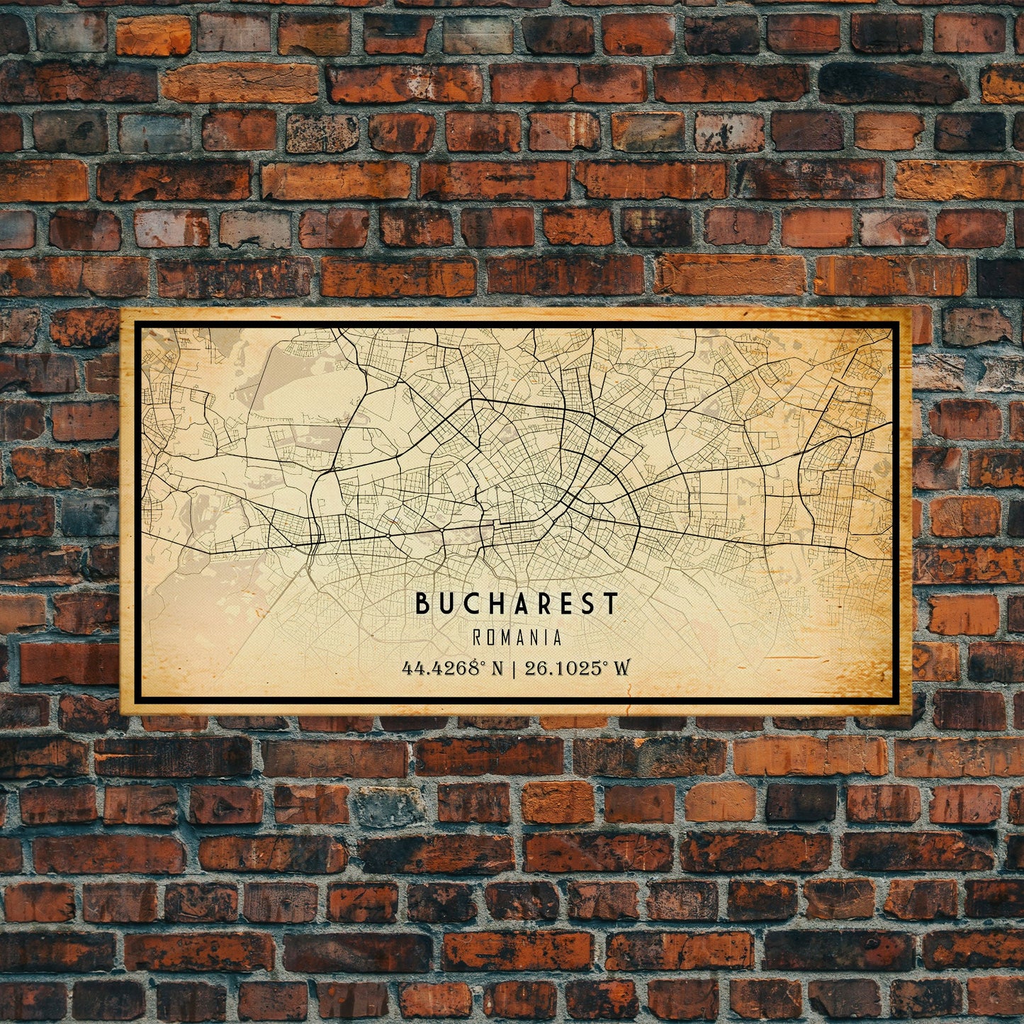Vintage Style Bucharest City Map Wall Art Canvas Print, Distressed Bucharest Map, Framed Wall Art, Cool RomaniaTravel Wall Art, Office Art