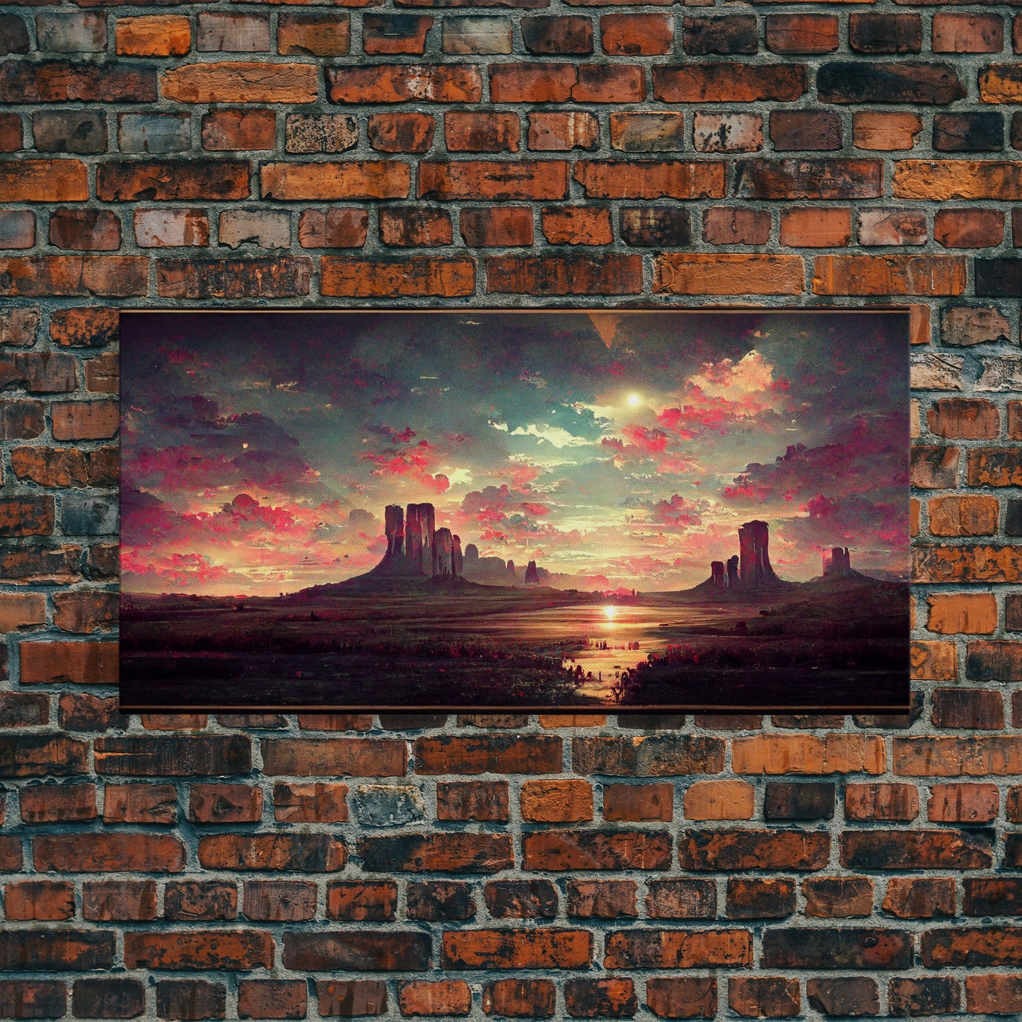 Mountain Sunset Oil Painting Canvas Print, Ready to hang gallery wrapped nature canvas print, synthwave style nature art