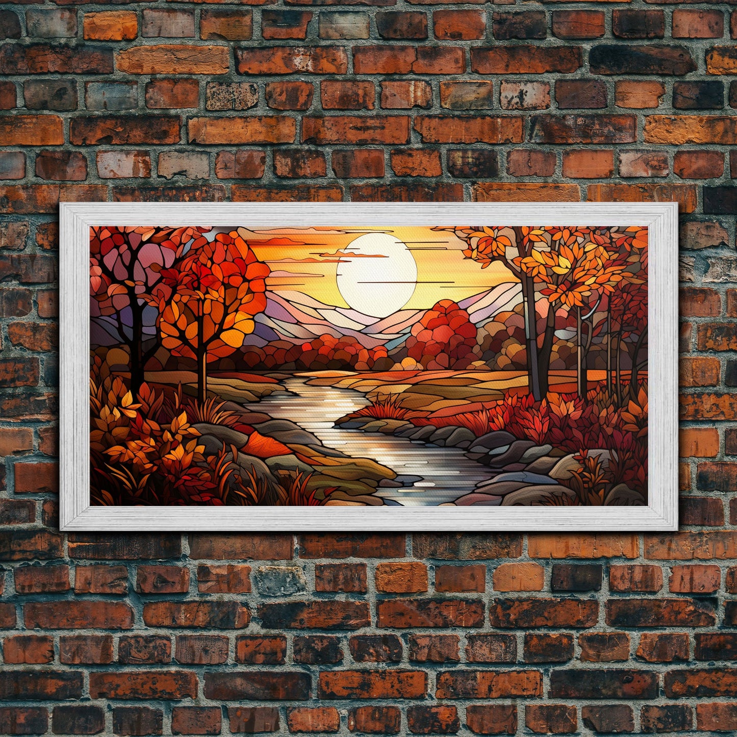 Fall Centerpiece Landscape Painting Canvas Print, Stained Glass Style Art, Stained Glass Wall Art, Autumn Decor, Rustic Fall Art, Fall Decor