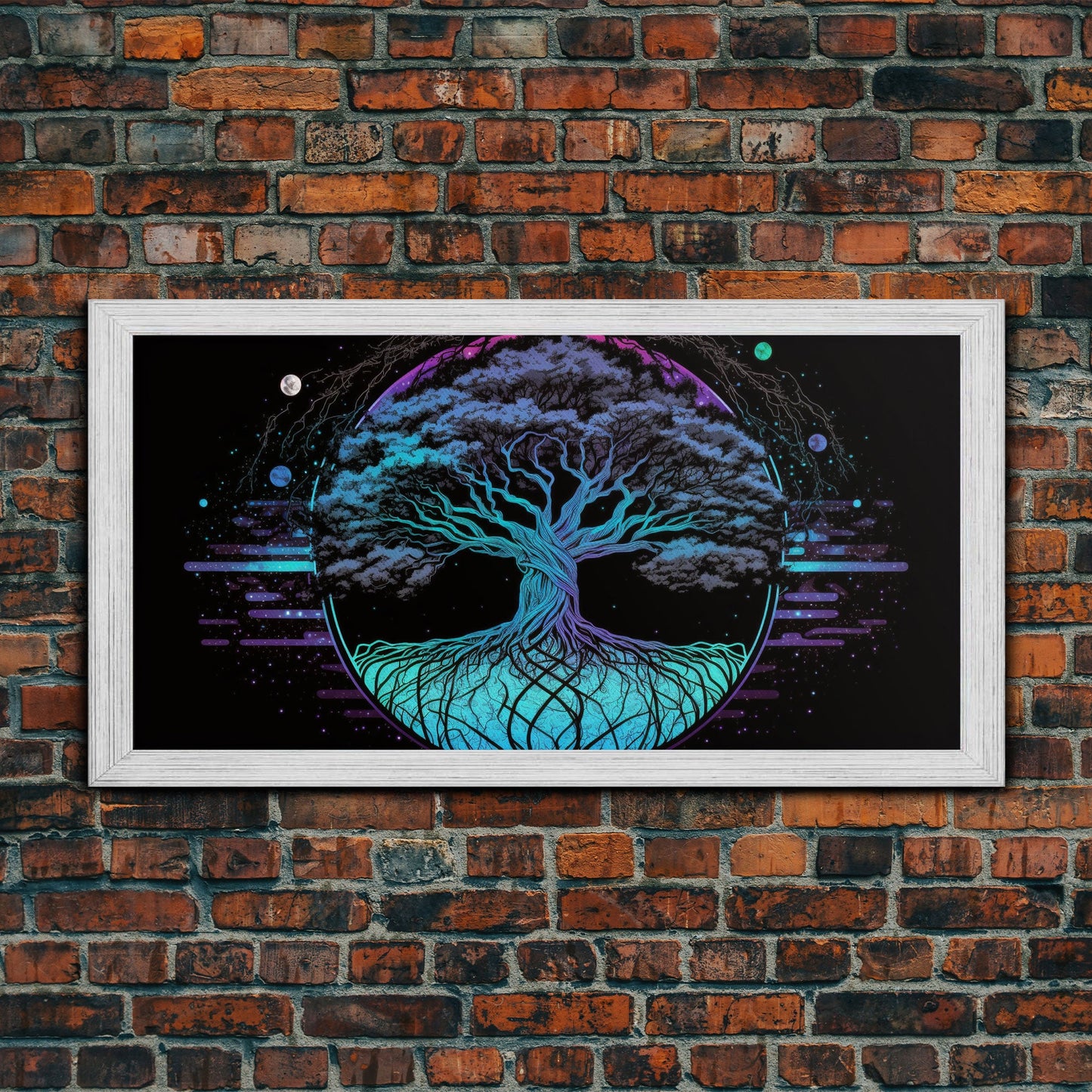 Norse Mythology Art, Synthwave Style Yggdrasil Tree of Life and the 9 Realms, Fantasy Art, Framed Canvas Print, Game Room Nordic Art