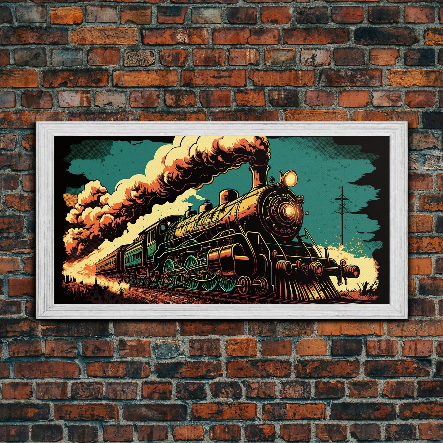 Pop Art Steam Train, Framed Canvas Print, Cool Wild West Decor, Western Art, Framed Colorful Pop Art