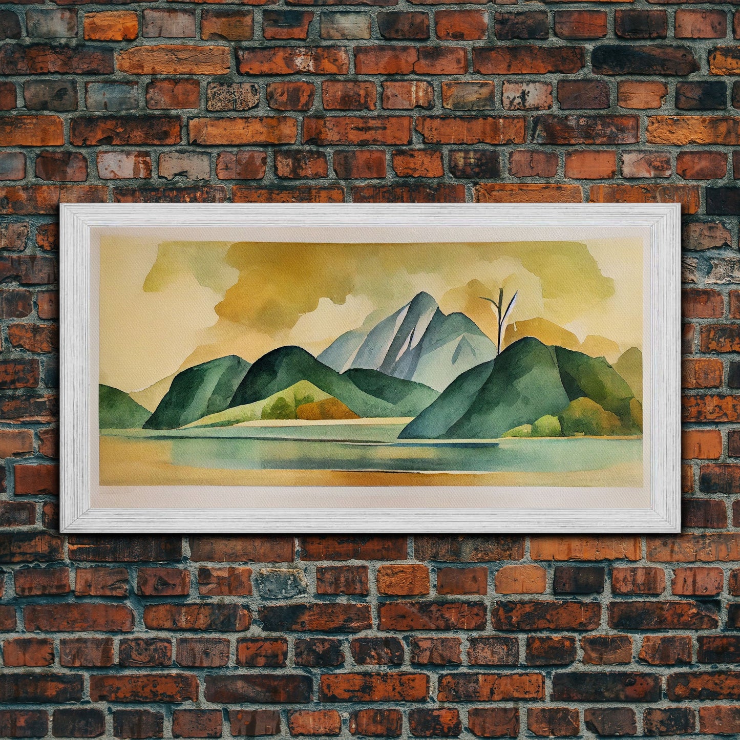 Serene Green Watercolor Landscape, Canvas Print, abstract wall art of a lake and mountains