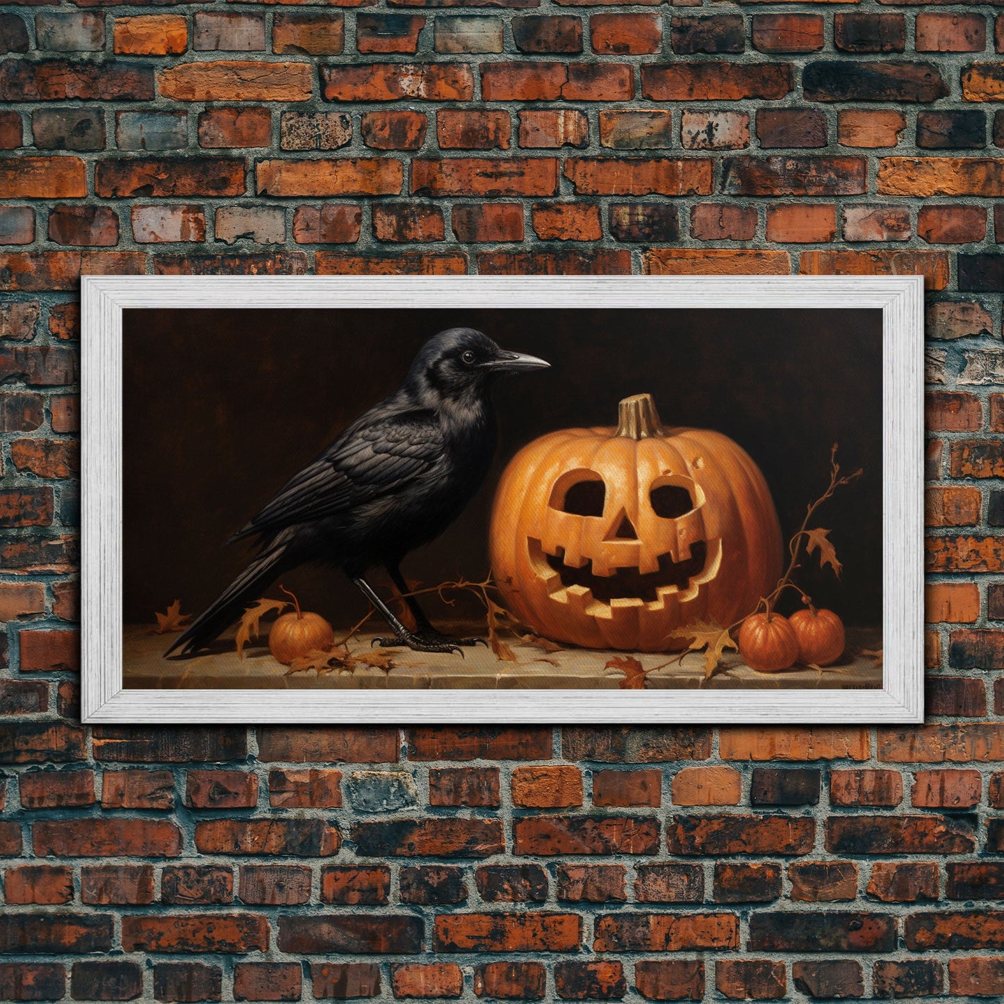 Spooky Crow Print, The Raven and The Jack O Lantern, Halloween Wall Art, Victorian Oil Painting