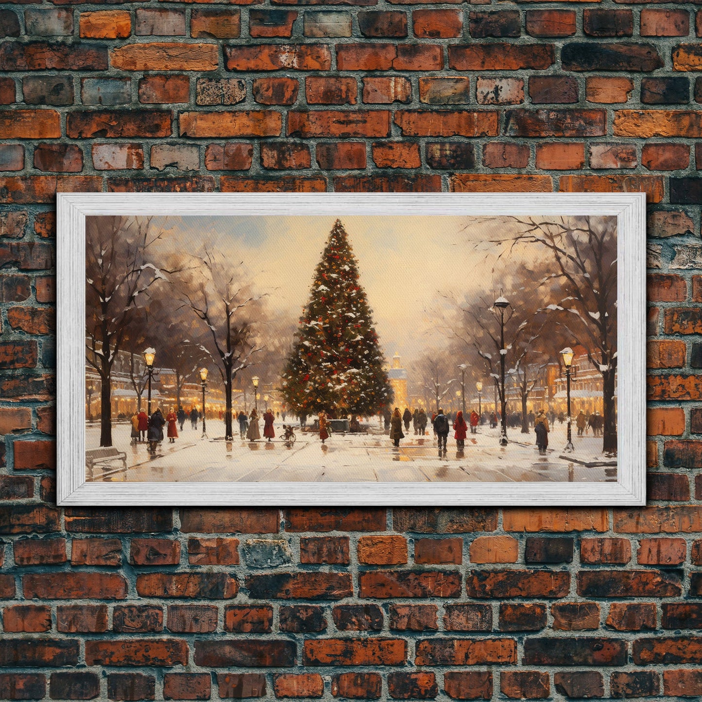 Cute Christmas Village Art, Christmas Decor, Framed Canvas Print, Holiday Painting, Seasonal Decor, Christmas Tree Art Christmas Centerpiece