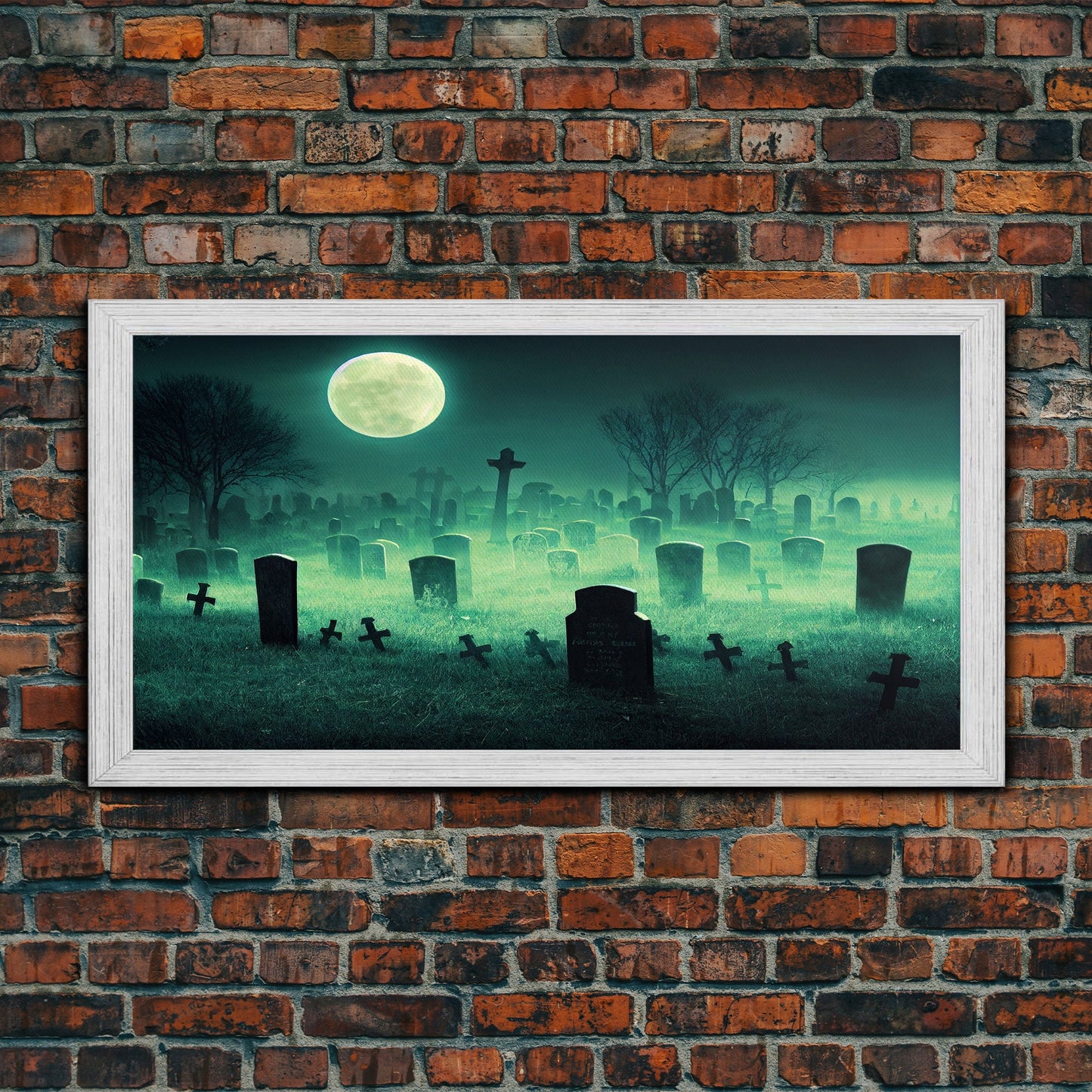 Halloween Cemetery At Night, Full Moon, Spooky Creepy Graveyard, ready to hang canvas print wall art