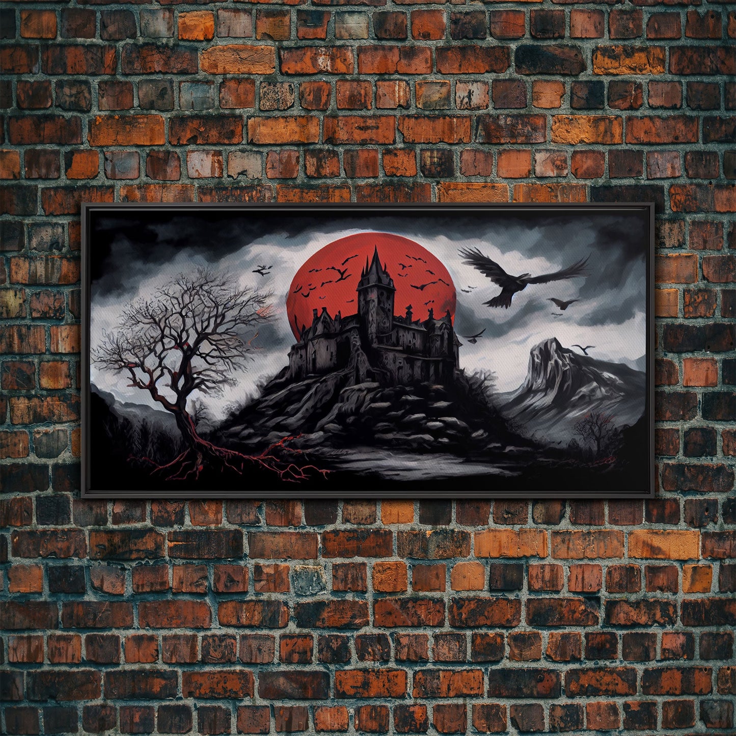 Horror Art, Haunted Castle and Blood Moon, Framed Canvas Print, Goth Art, Gothic Decor, Cool Wall Art