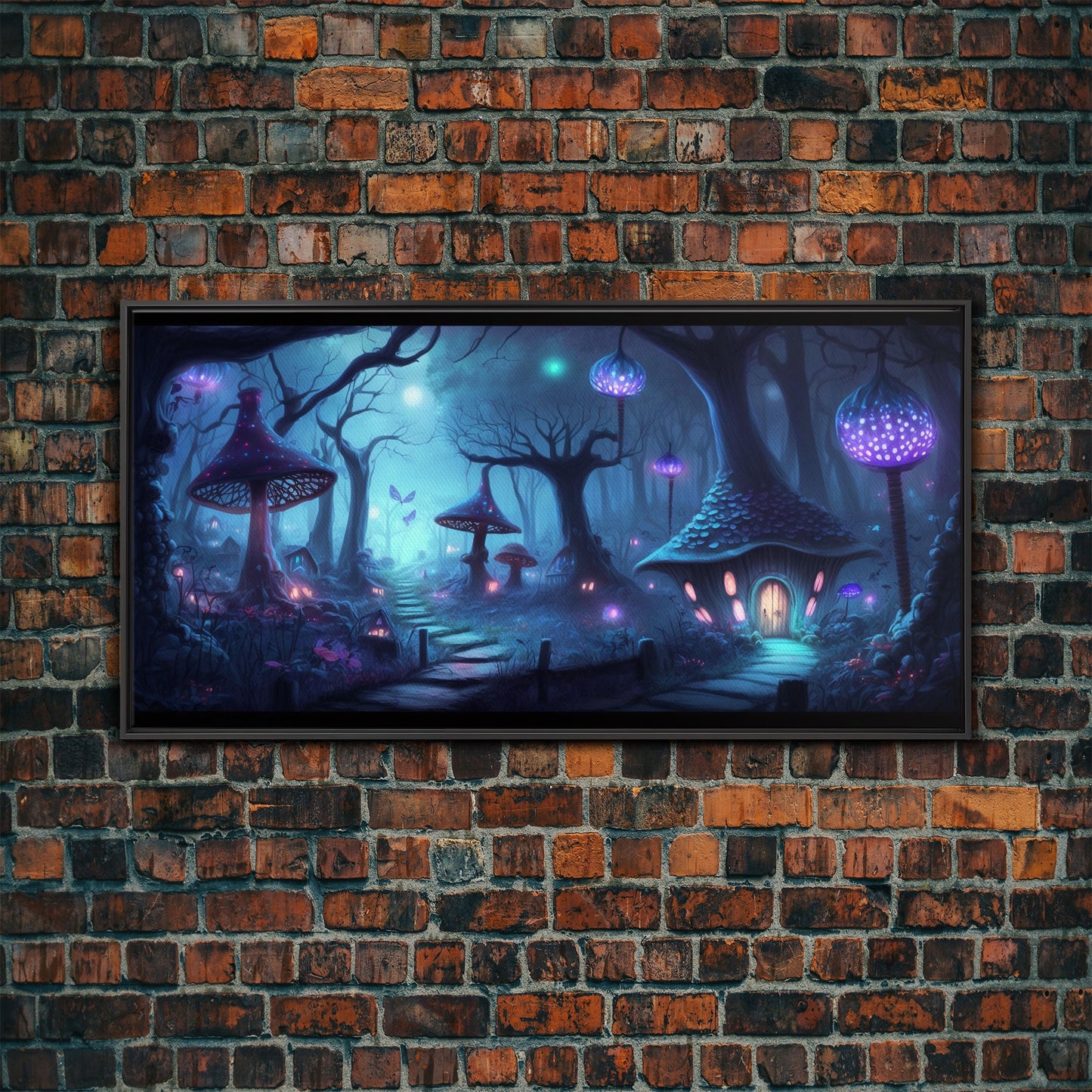 Magical Mushroom Fantasy Forest Wall Art, Framed Canvas Print, Game Room Art, Fantasy Decor