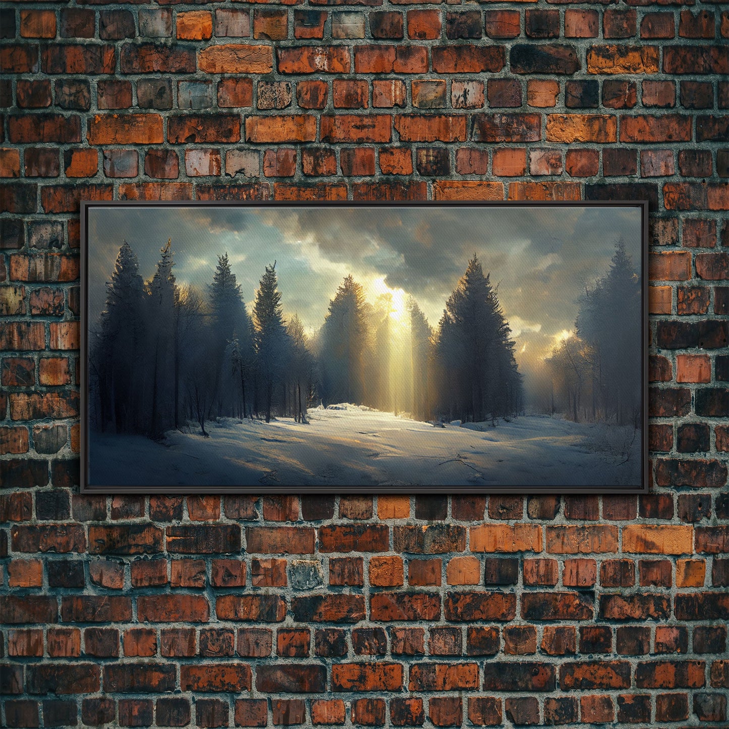 Snowy Forest Canvas Print, Scenic nature landscape, winter art, sunlight shining through the trees, Framed Wall Art