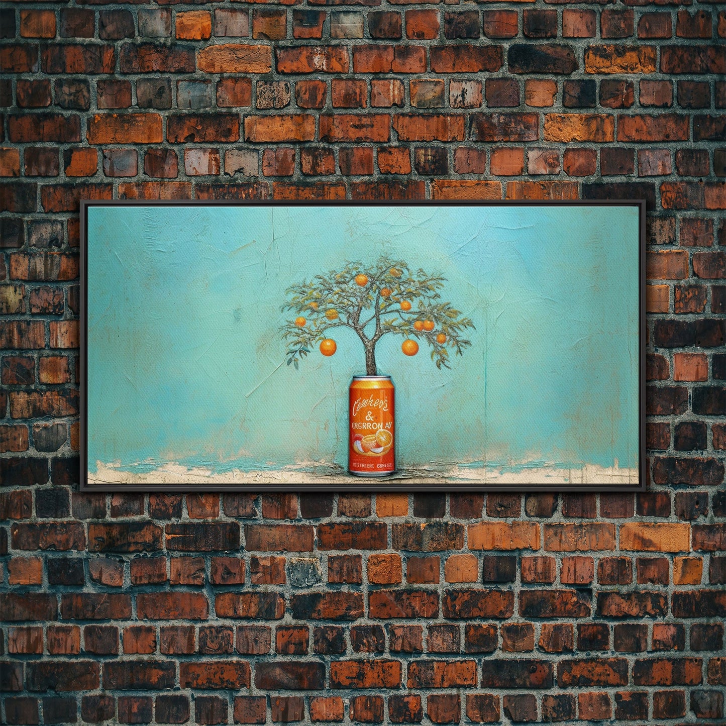 Orange Tree In Soda Can Wall Decor, Orange Wall Art, Plant Art, Teal Art, Panoramic Wall Decor, Canvas Print, Wall Art, Framed Canvas Art
