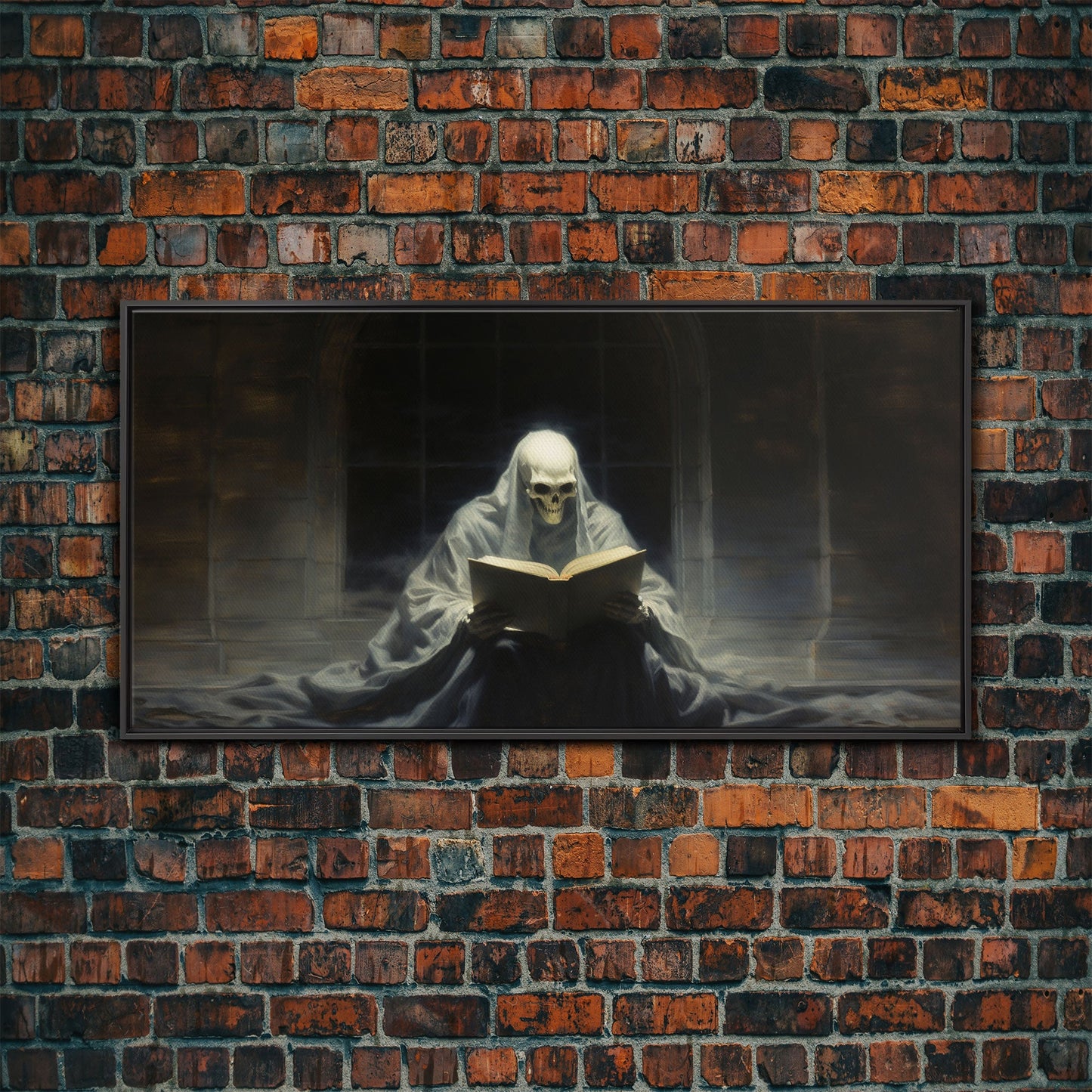Grim Reaper Reading A Book In A Haunted Library, Framed Canvas Print, Victorian Oil Painting Style, Spooky Halloween Decor, Goth Art