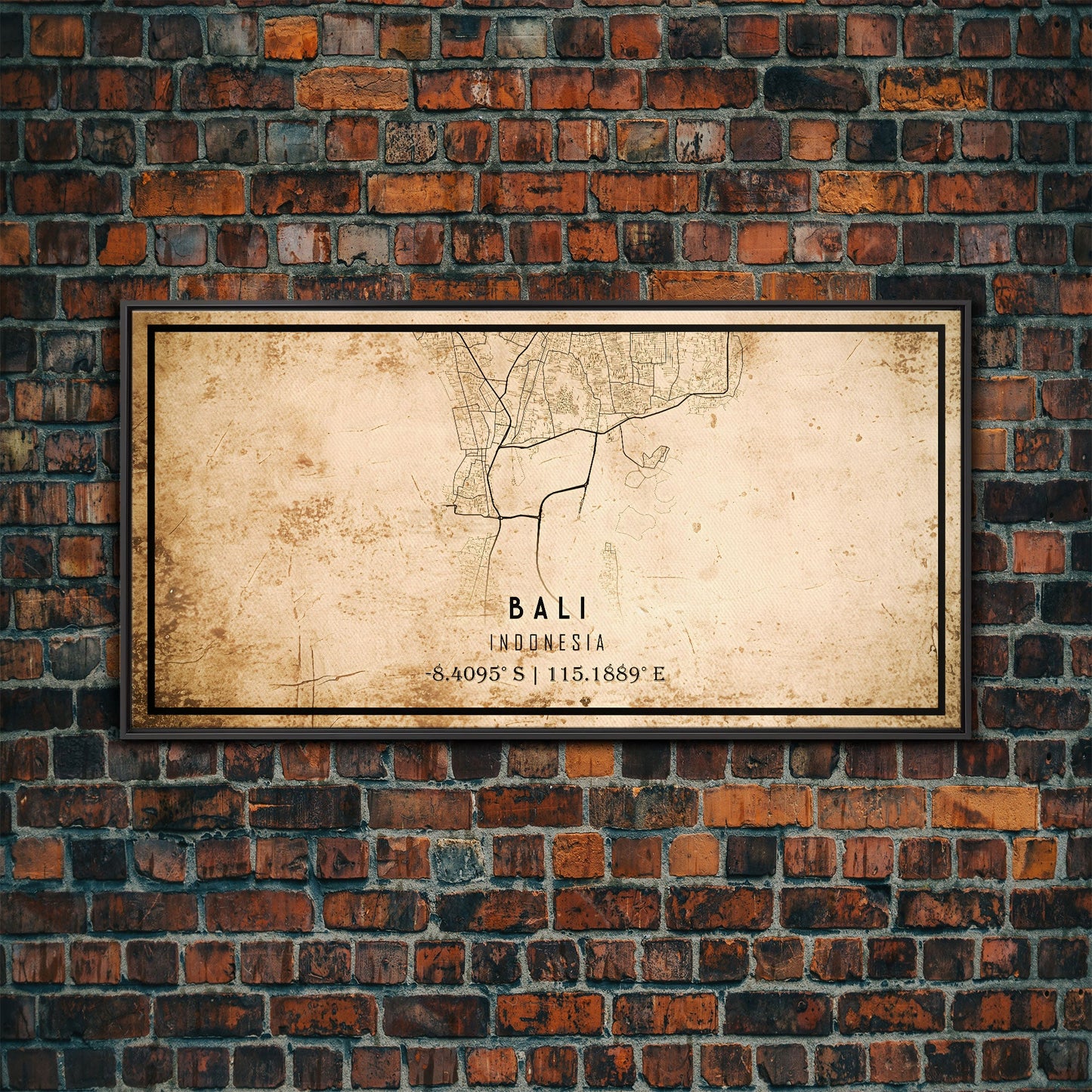 Vintage Bali Indonesia City Map Wall Art Canvas Print, Distressed Style Bali Map, Framed Wall Art, Cool Bali Travel Wall Art, Office Art