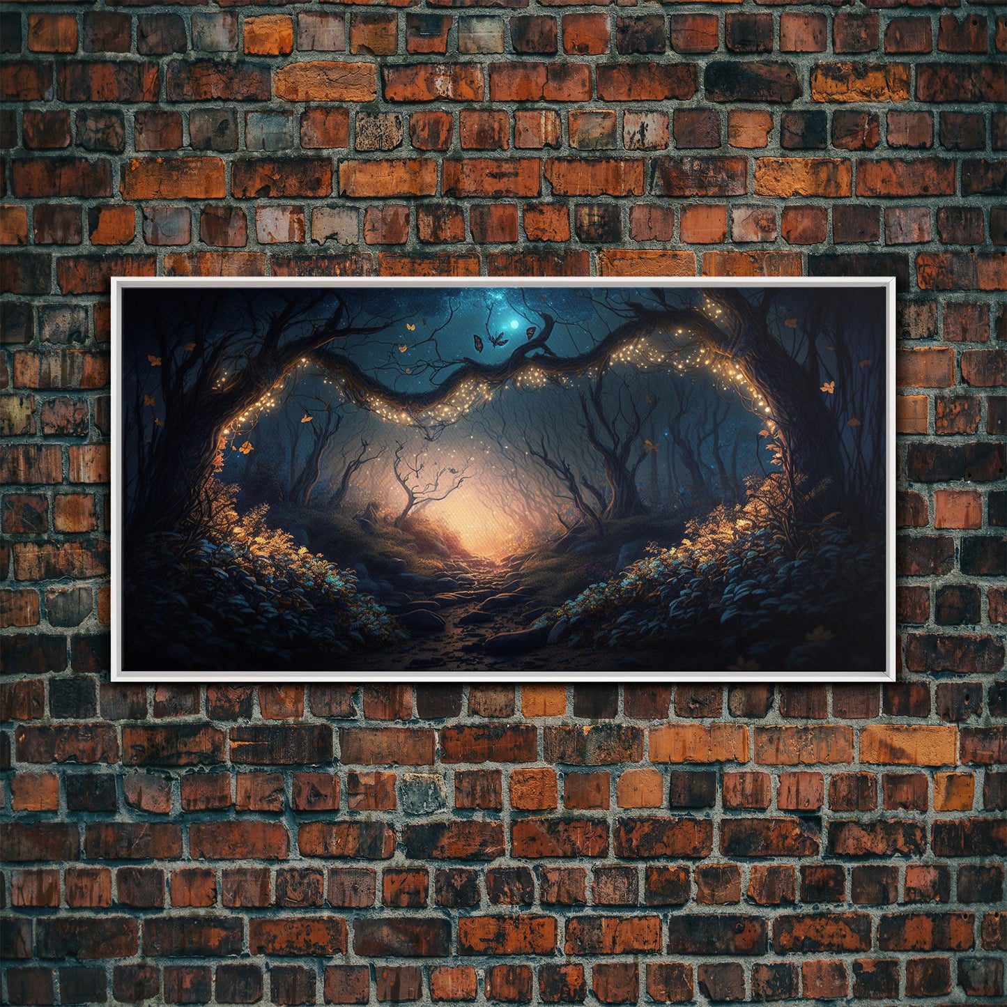 Wreath of Fireflies, Beautiful Fantasy Art, Framed Canvas Print, Moonlit Forest Floor Fantasy Concept Art