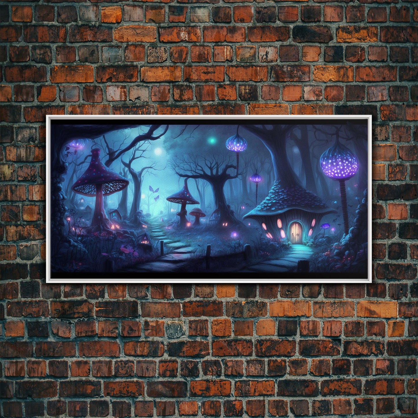 Magical Mushroom Fantasy Forest Wall Art, Framed Canvas Print, Game Room Art, Fantasy Decor