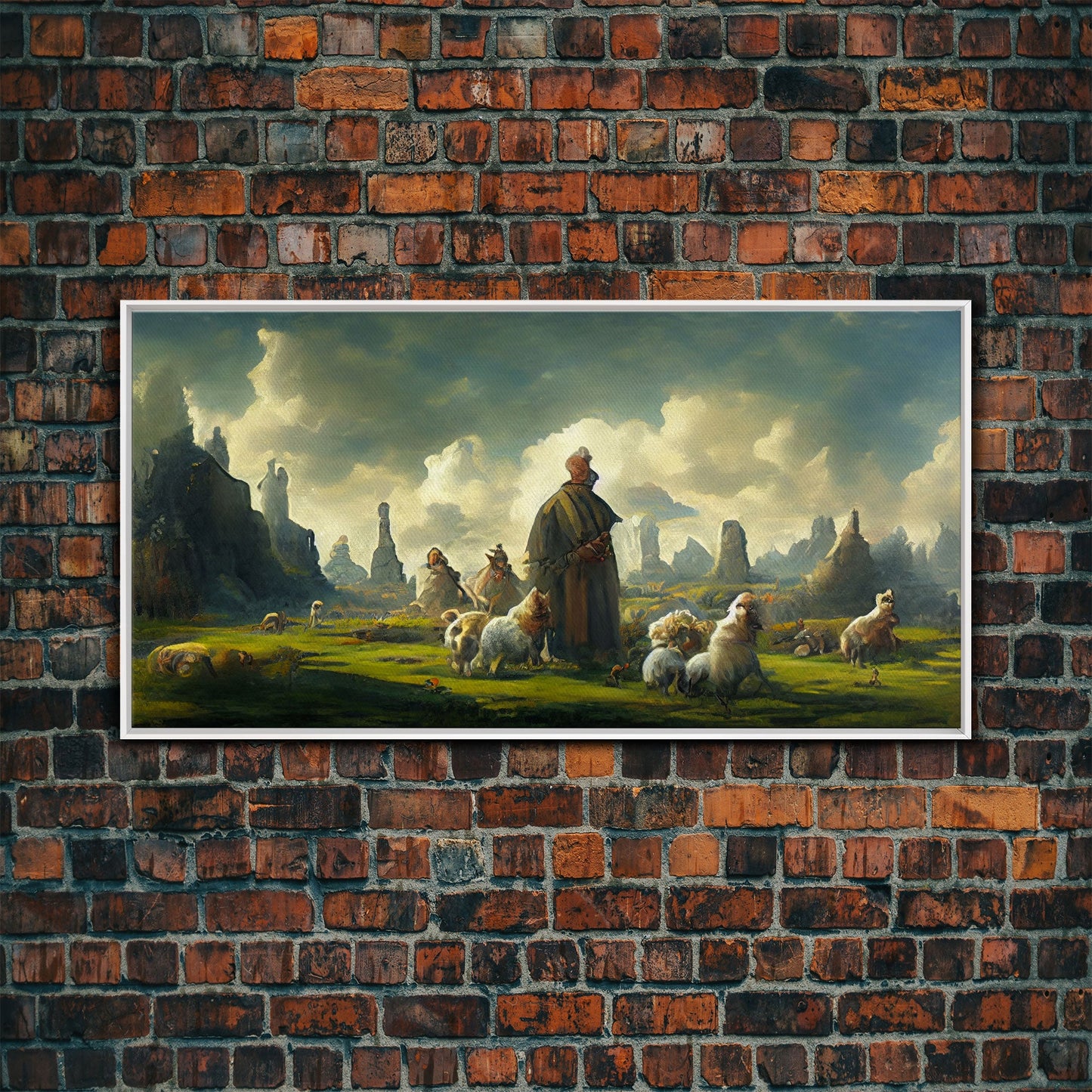 Shepherd and his flock, sheep painting, farmhouse art, watercolor canvas print, Giclee print