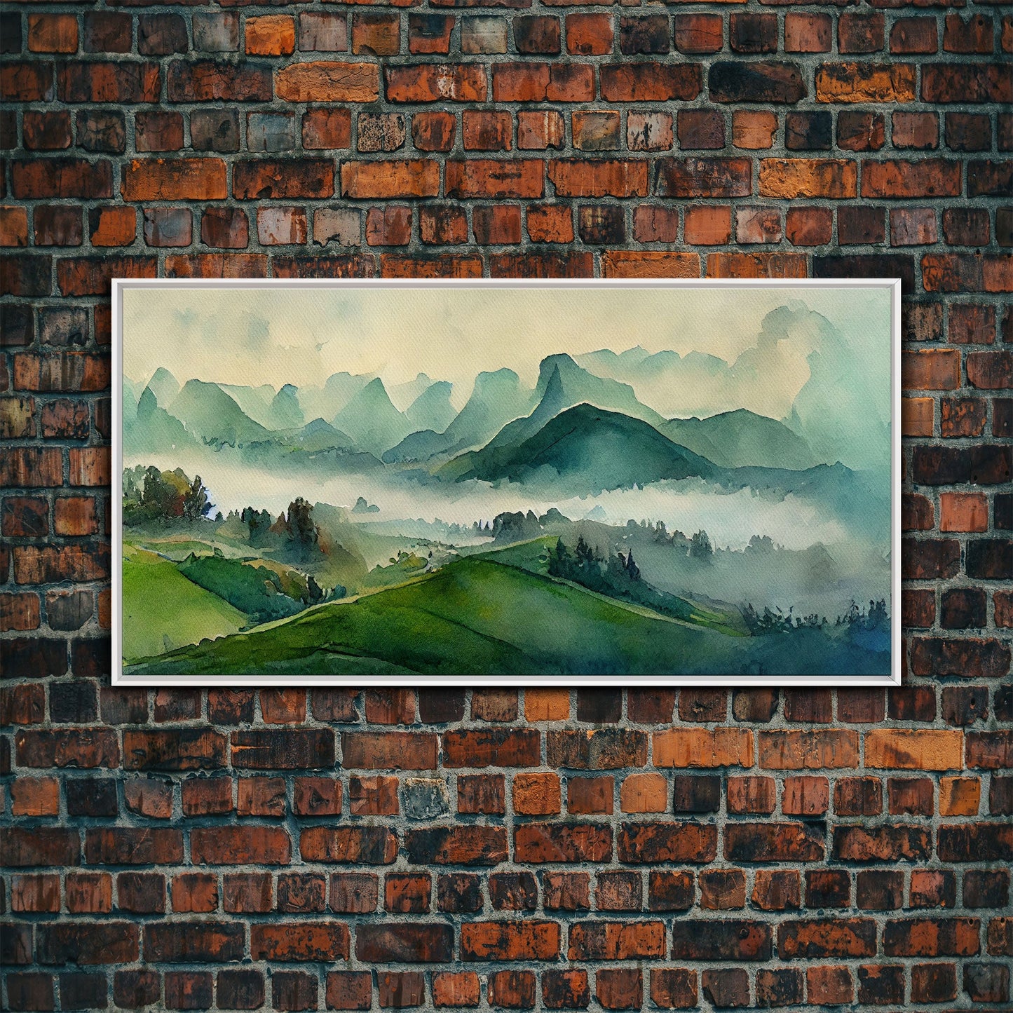 Green Blue Foggy Mountain Valley Watercolor Canvas Art Print, Panoramic Misty Rolling Hills Landscape, Extra Large Panorama Print