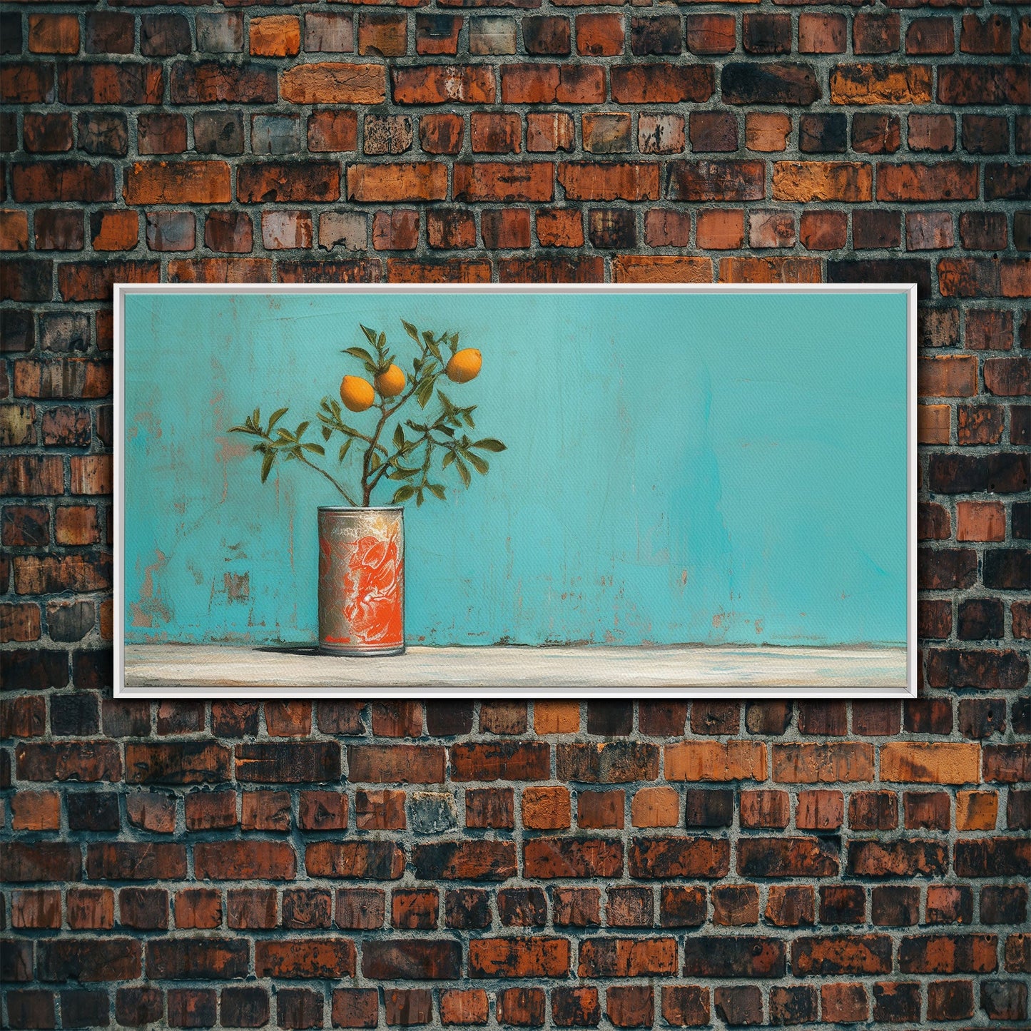 Orange Tree In Soda Can Wall Decor, Orange Wall Art, Plant Art, Teal Art, Panoramic Wall Decor, Canvas Print, Wall Art, Framed Canvas Art