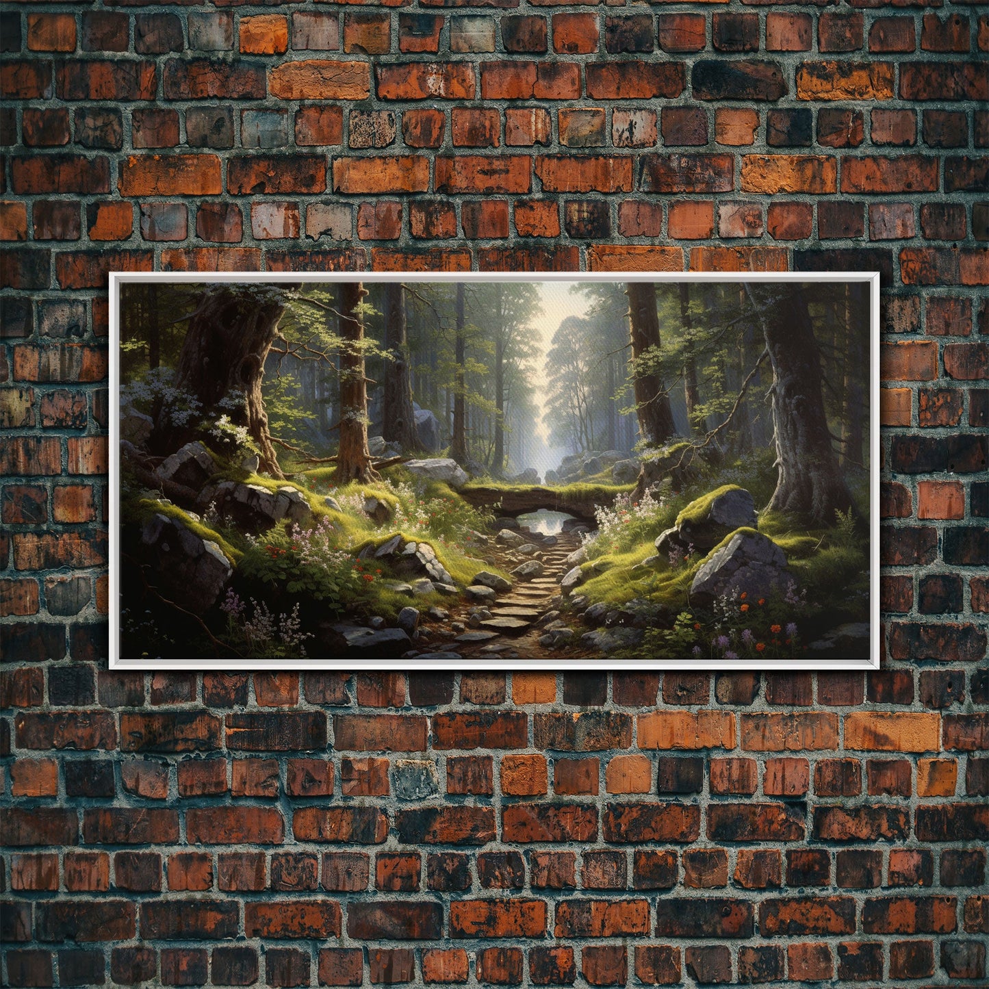 SlightlyScorched Framed Canvas Print Emerald Green Fantasy Forest, Mountain Forest Lake Landscape Minimalist Modern Art Nature Wall Decor