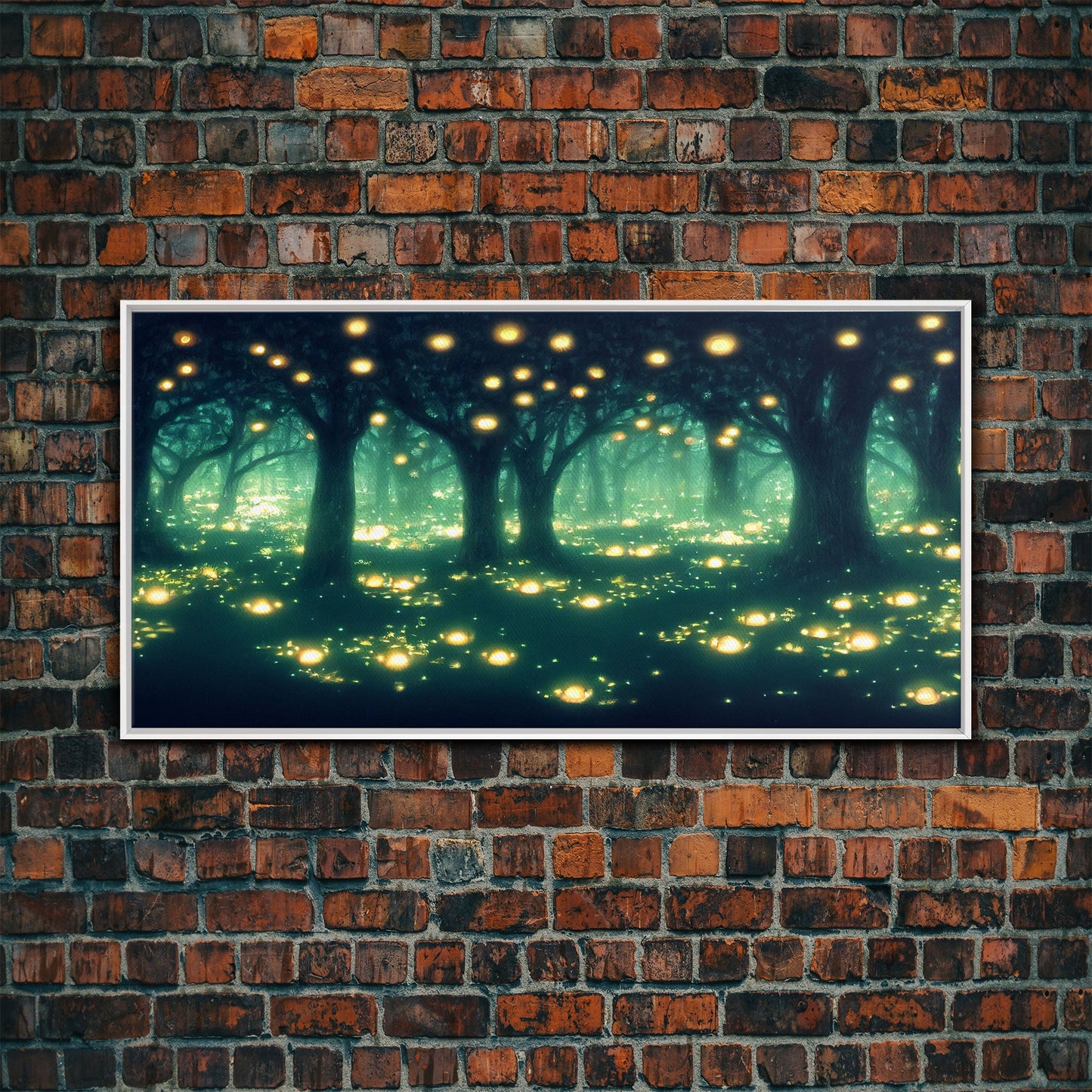 Fireflies At Night In A Fantasy Forest,  Framed Ready To Hang Canvas Print, beautiful wall art, guest room decor