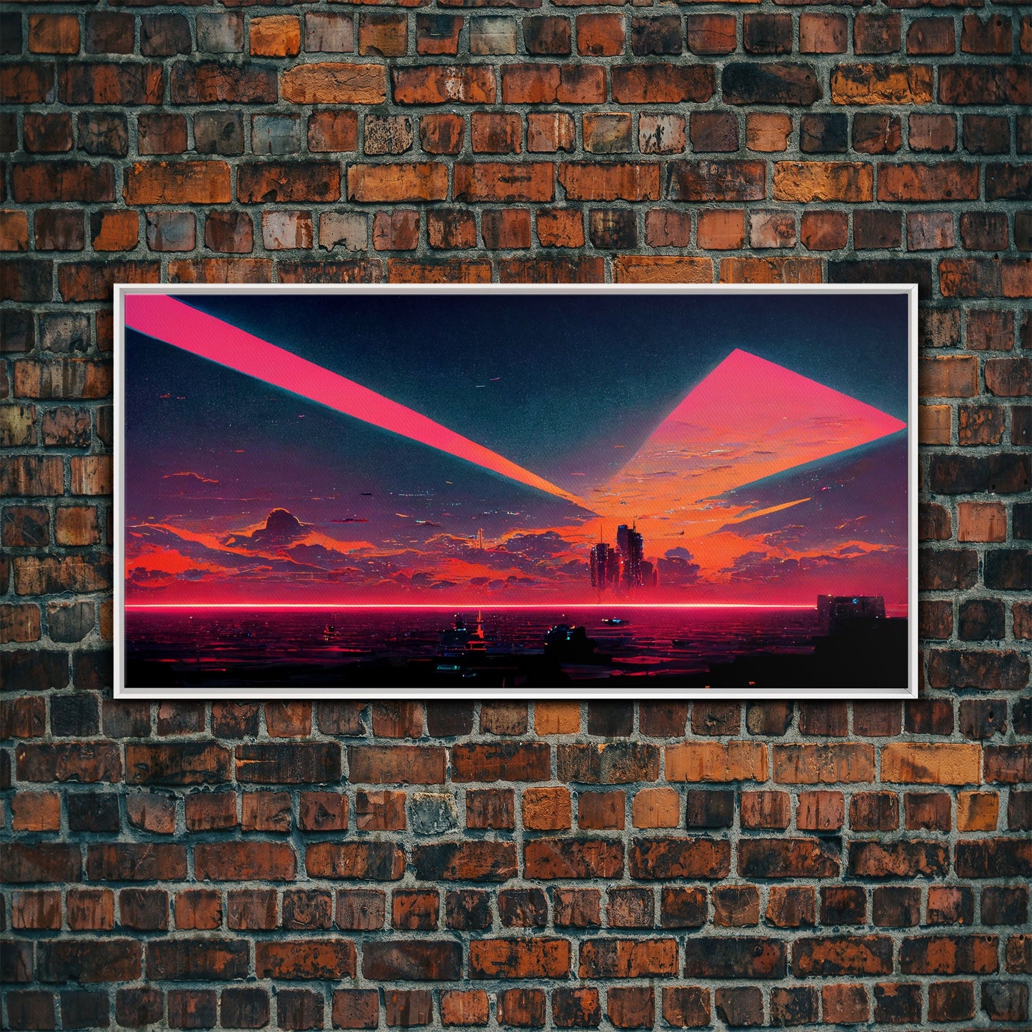 Cyberpunk lake art, city canvas, video game concept art, living room wall art, dystopian art, outrun city at sunset, man cave canvas print