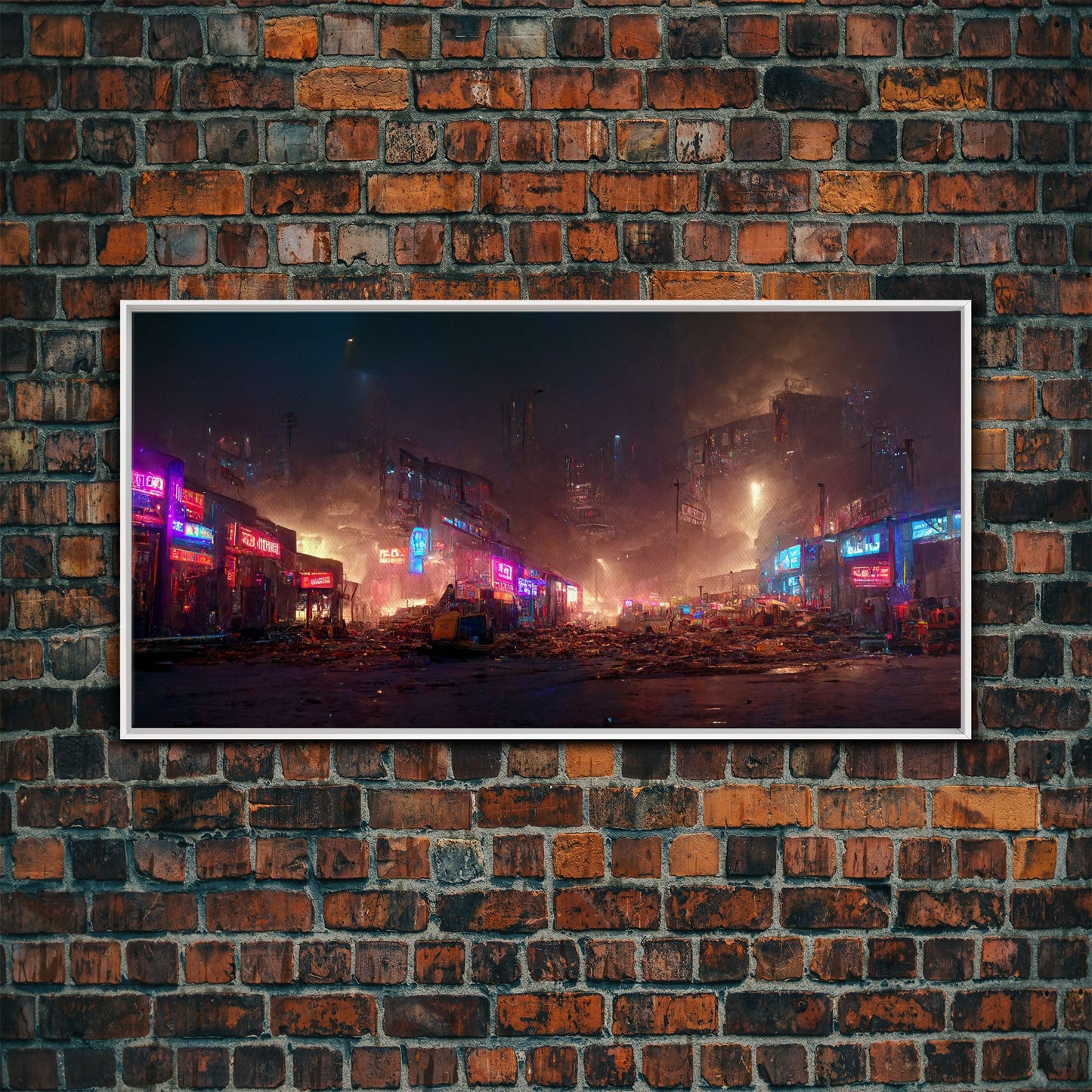 Destitute cyberpunk city with neon signs wall art, Bladerunner vibes art, synthwave style art, cool wall art