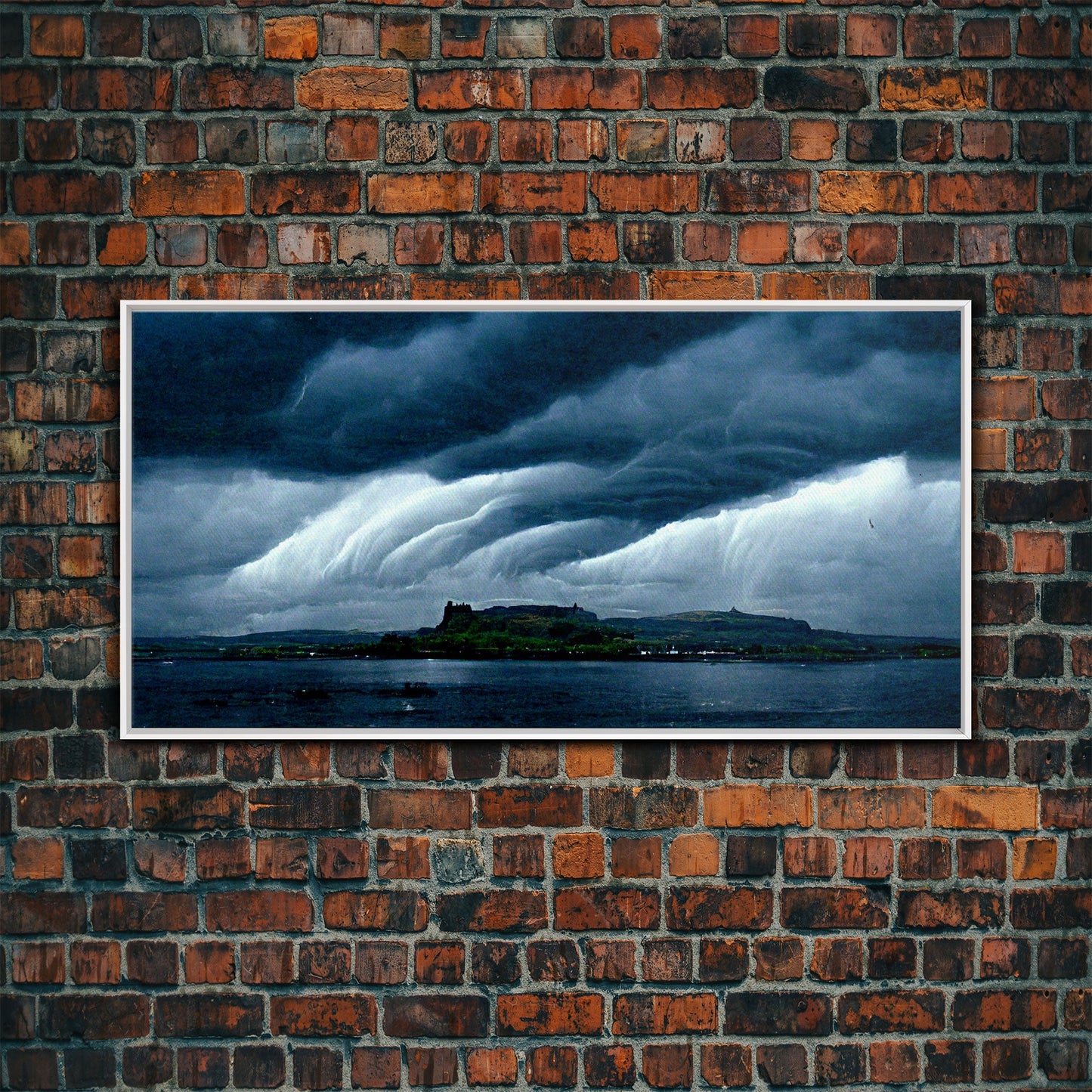 Rainstorm wall art, canvas print, ready to hang, fast moving storm over an island castle, cool wall art