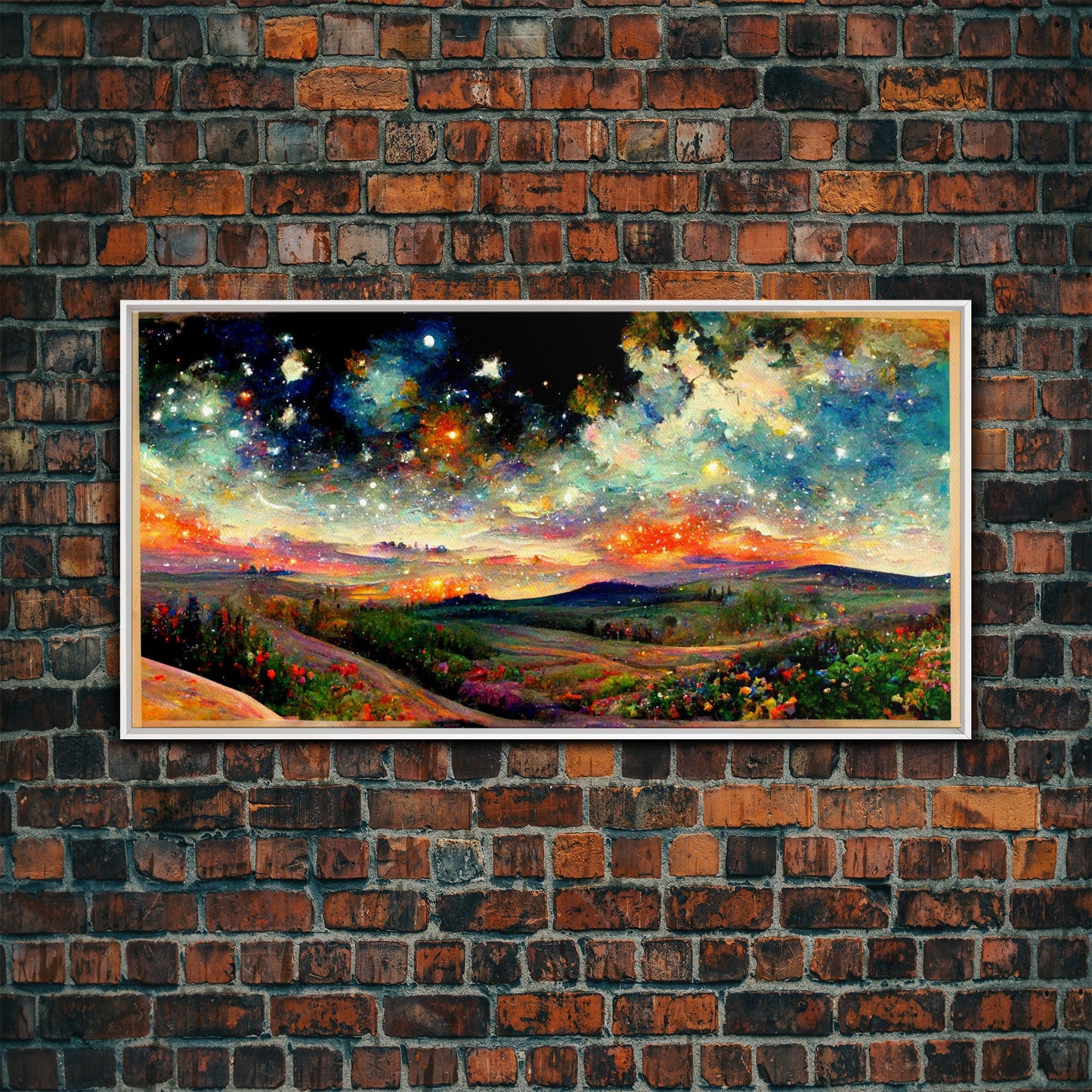 Night Starry Sky Landscape Framed Canvas Print, Colorful Night Sky Painting Nature Painting Living Room Wall Art Spiritual Starry Painting