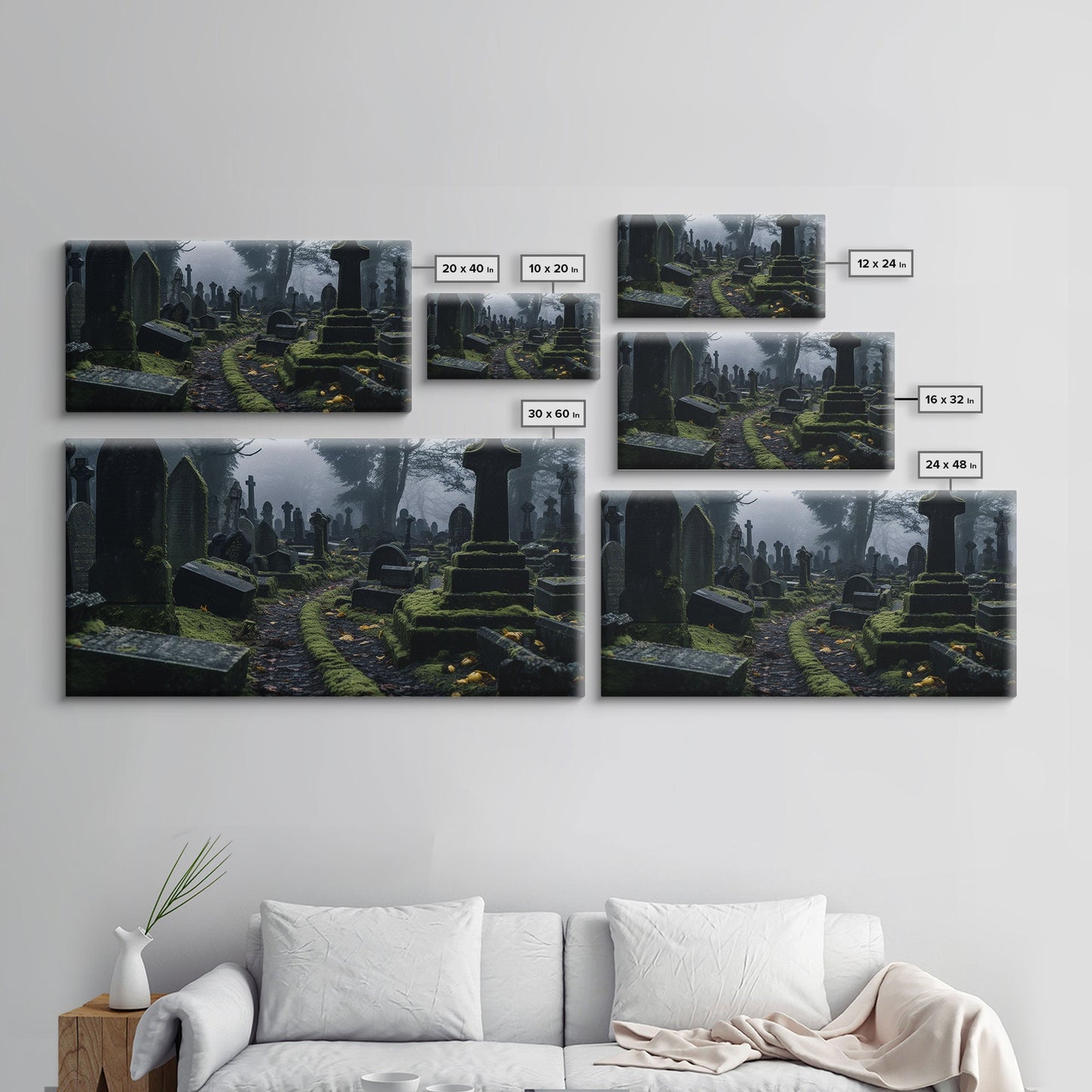 Moss Covered Cemetary, Haunted Graveyard Photography, Halloween Decor, Framed Canvas Print, Halloween Wall Art