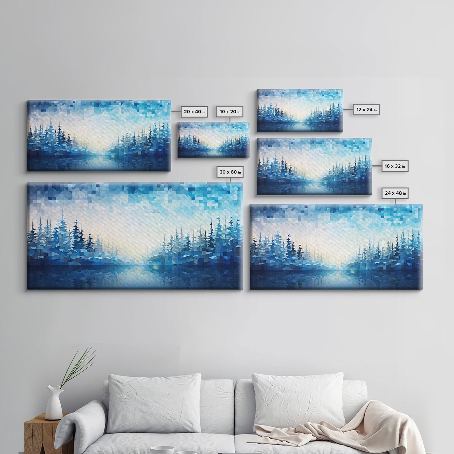 A Winter Scene, Framed Canvas Print, Mosaic Style Painting Print, Stained Glass Style Art, Above Mantle Art, Living Room Decor