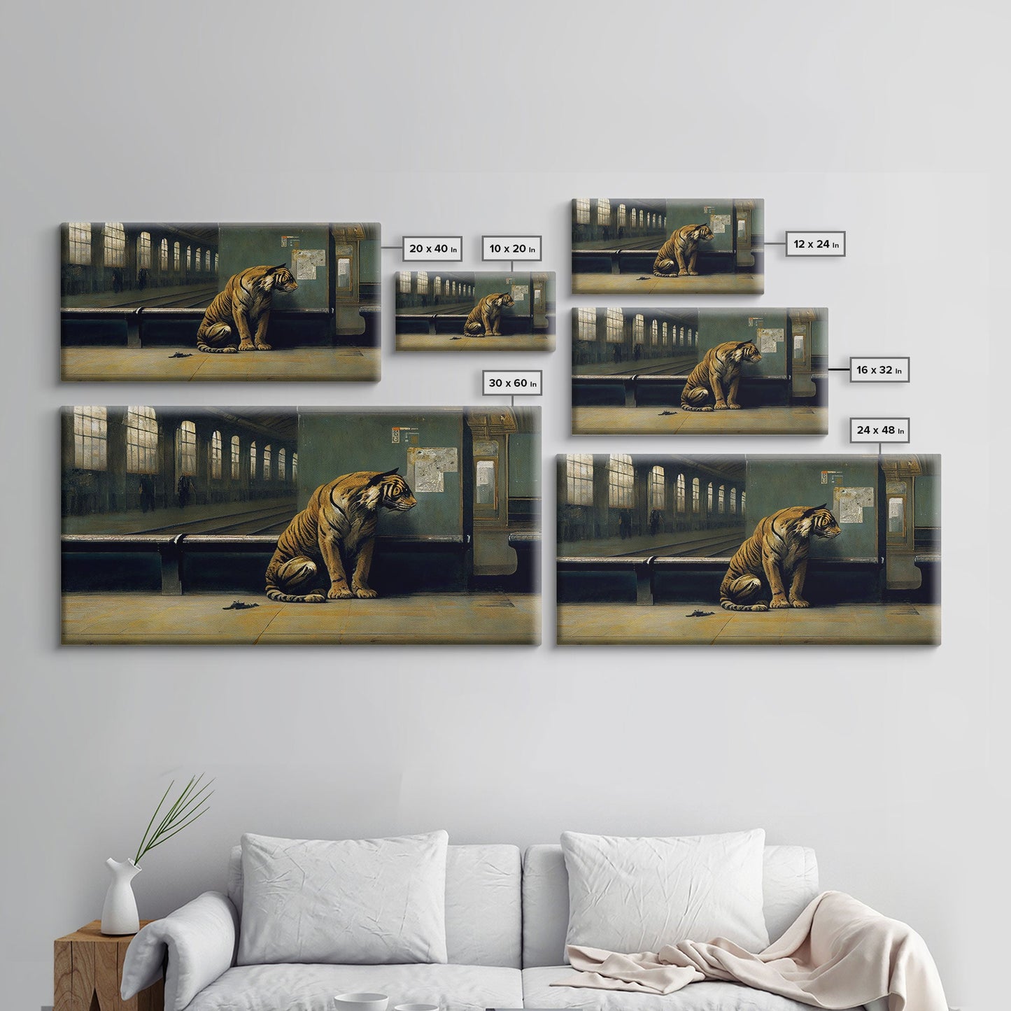 Tiger in a Subway train station, Post-apocalyptic urban decay art, framed canvas print