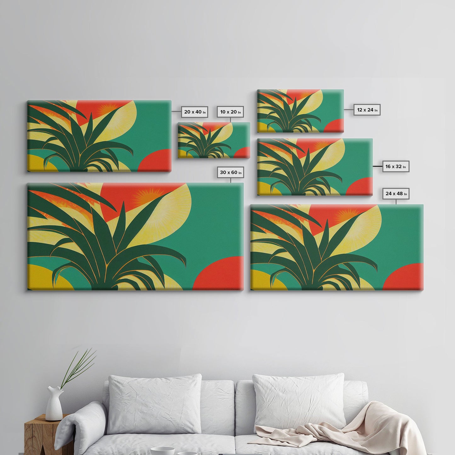 Midcentury Style Art Deco Palm Leaf, Framed Canvas Print, Framed Art, Wall Decor, Palm Tree, Tropical Art, green and gold art