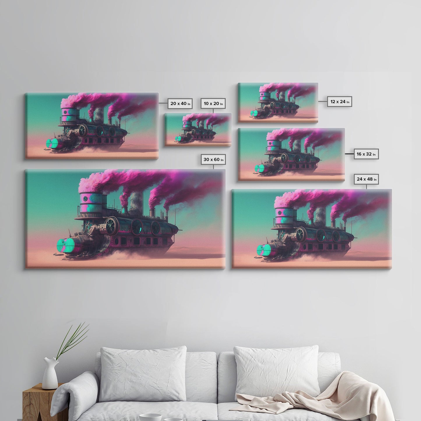 Futuristic Steampunk / Cyberpunk Mashup Art, Steampunk Riverboat In A Desert, Framed Canvas Print, Scifi Wildwest Decor