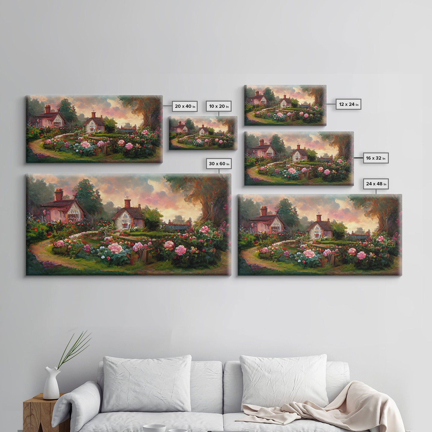 English cottage with rose garden, canvas print, cute English countryside wall art