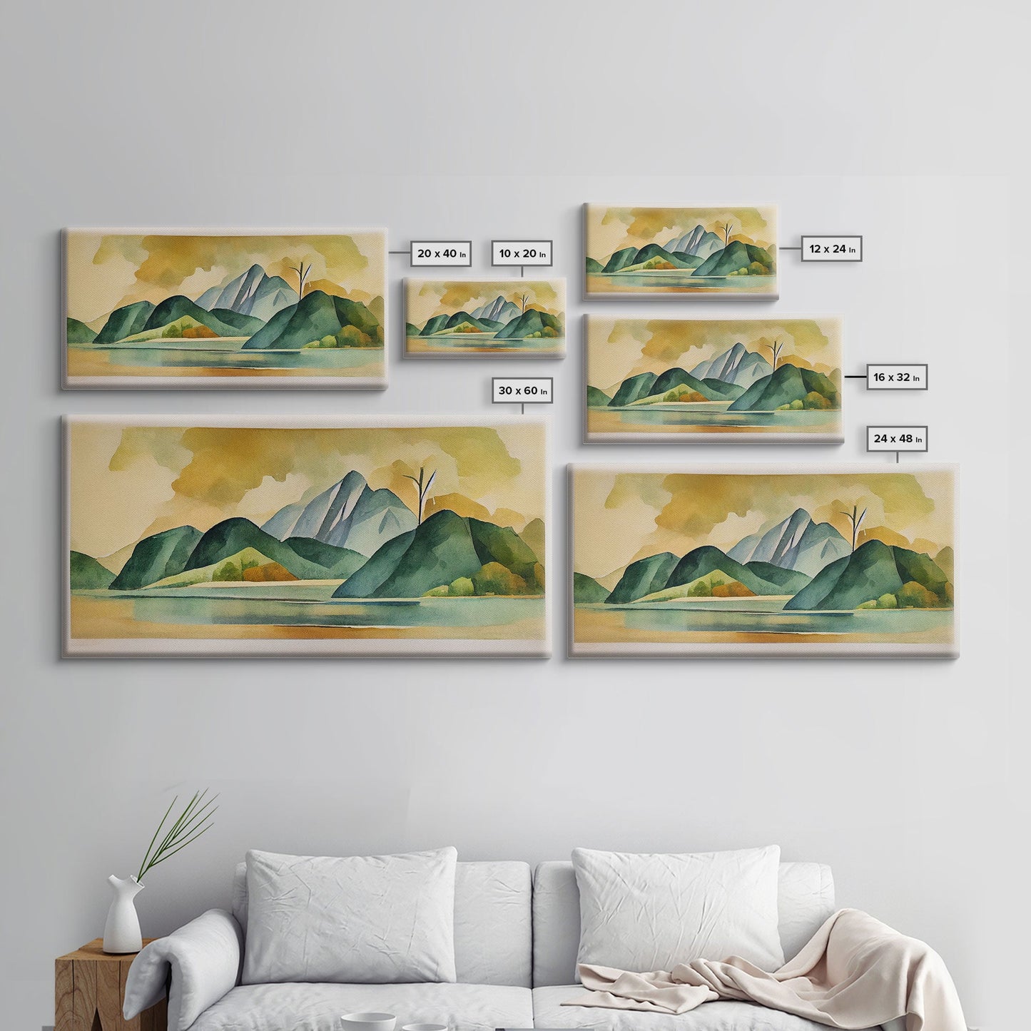 Serene Green Watercolor Landscape, Canvas Print, abstract wall art of a lake and mountains