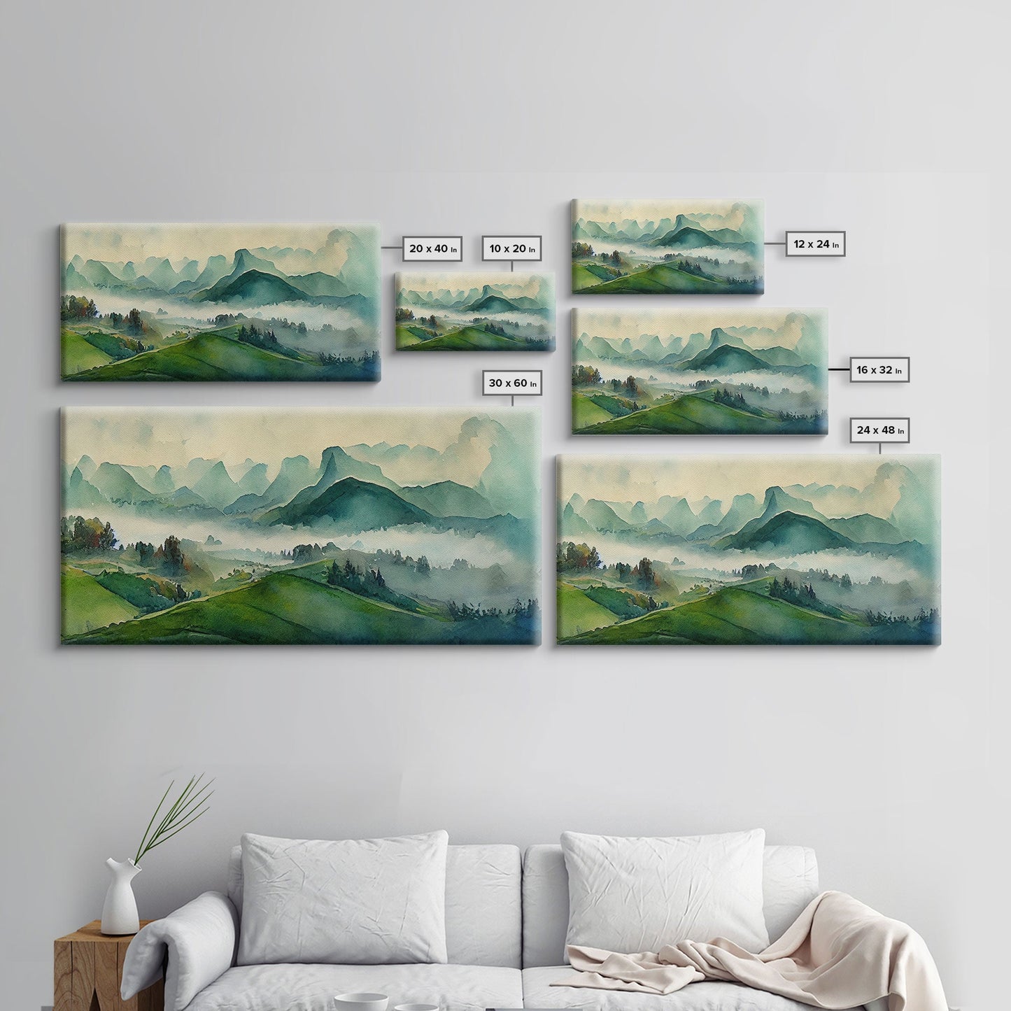 Green Blue Foggy Mountain Valley Watercolor Canvas Art Print, Panoramic Misty Rolling Hills Landscape, Extra Large Panorama Print