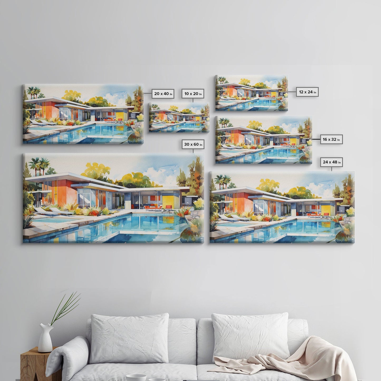 Architecture Art, Midcentury Modern, House Portrait, Watercolor House, Panoramic Art, Wall Art, Canvas Art, Landscape Art, Realtor Gift